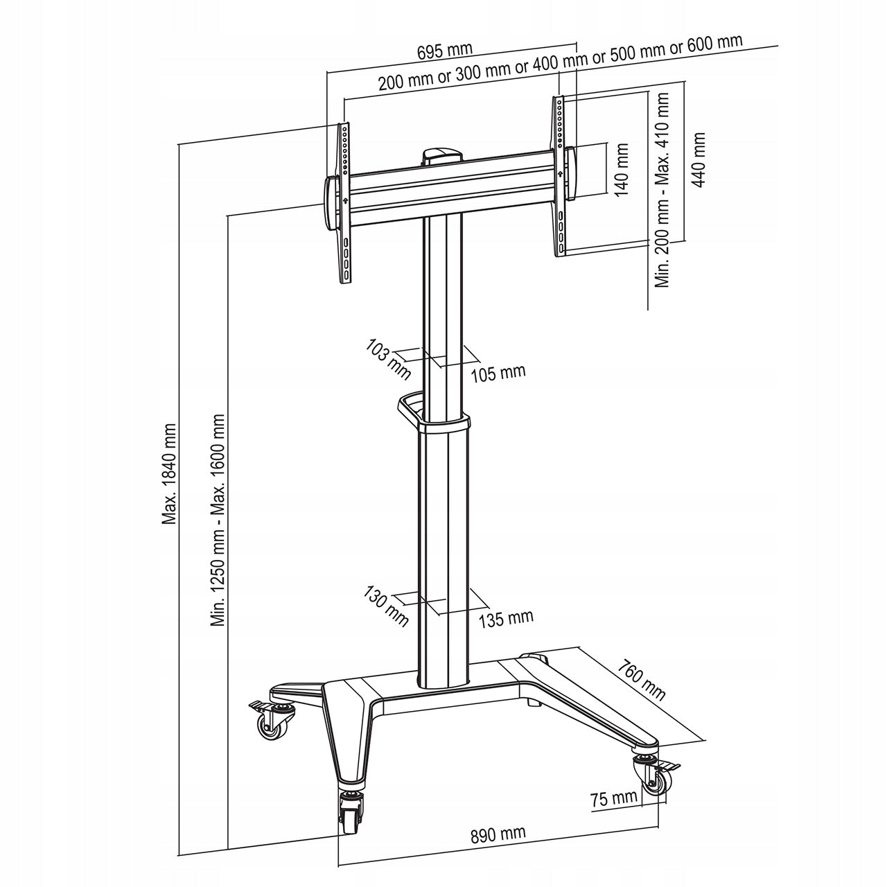 Adjustable trolley for monitor, office TV, 37"-70", 70 kg, Model ARM-0451