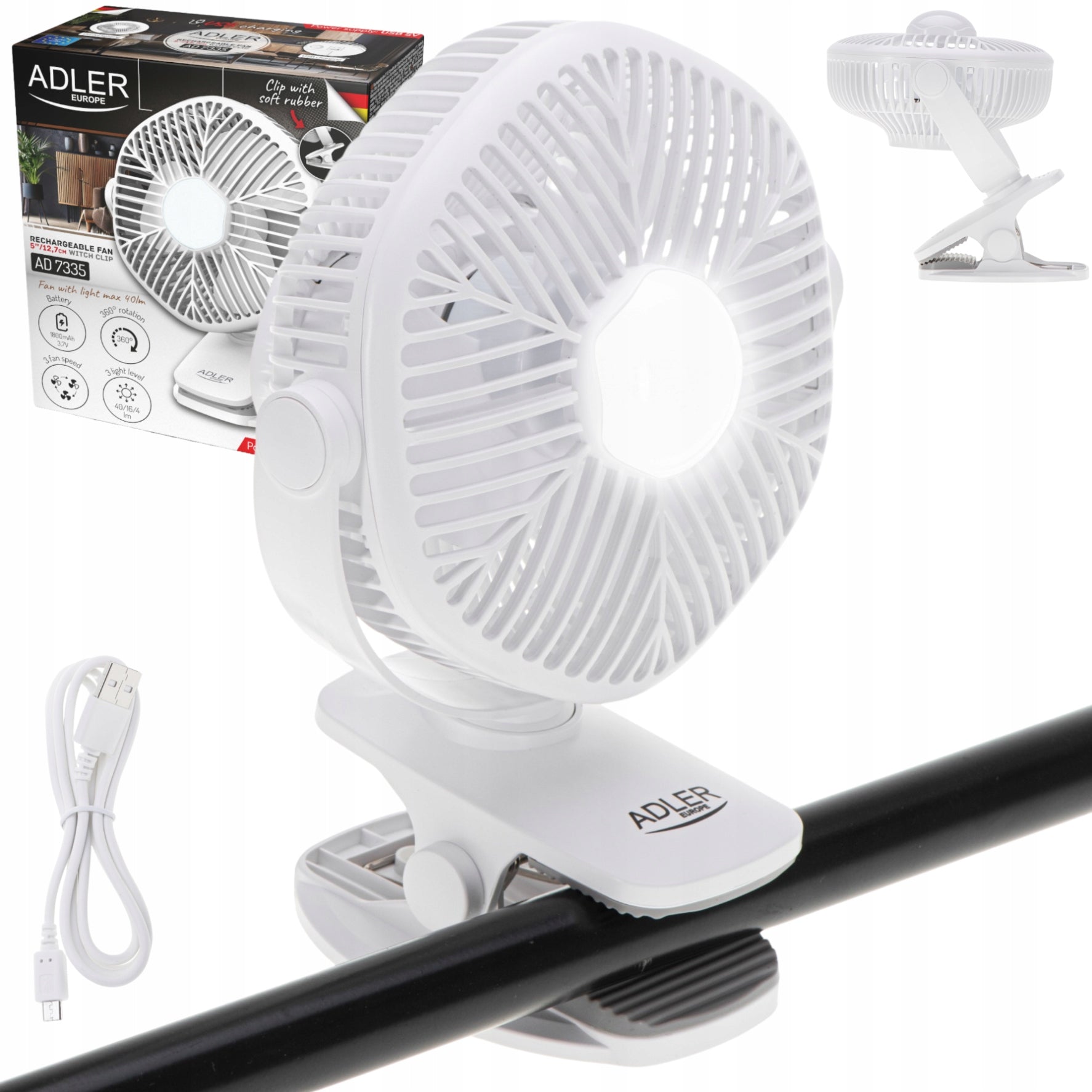 Adler AD 7335 Cordless Fan with Clip and LED - 3 Speeds Brand ADLER