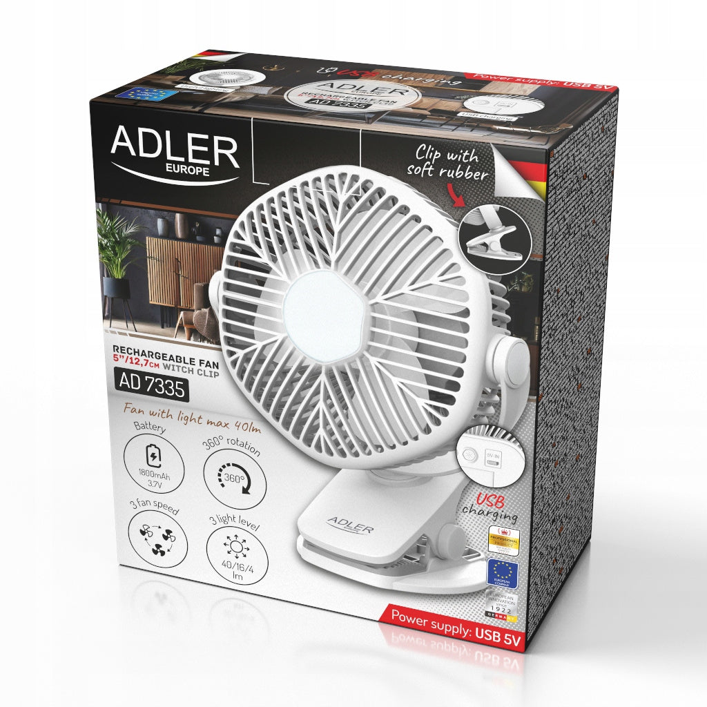 Adler AD 7335 Cordless Fan with Clip and LED - 3 Speeds Fan type mini