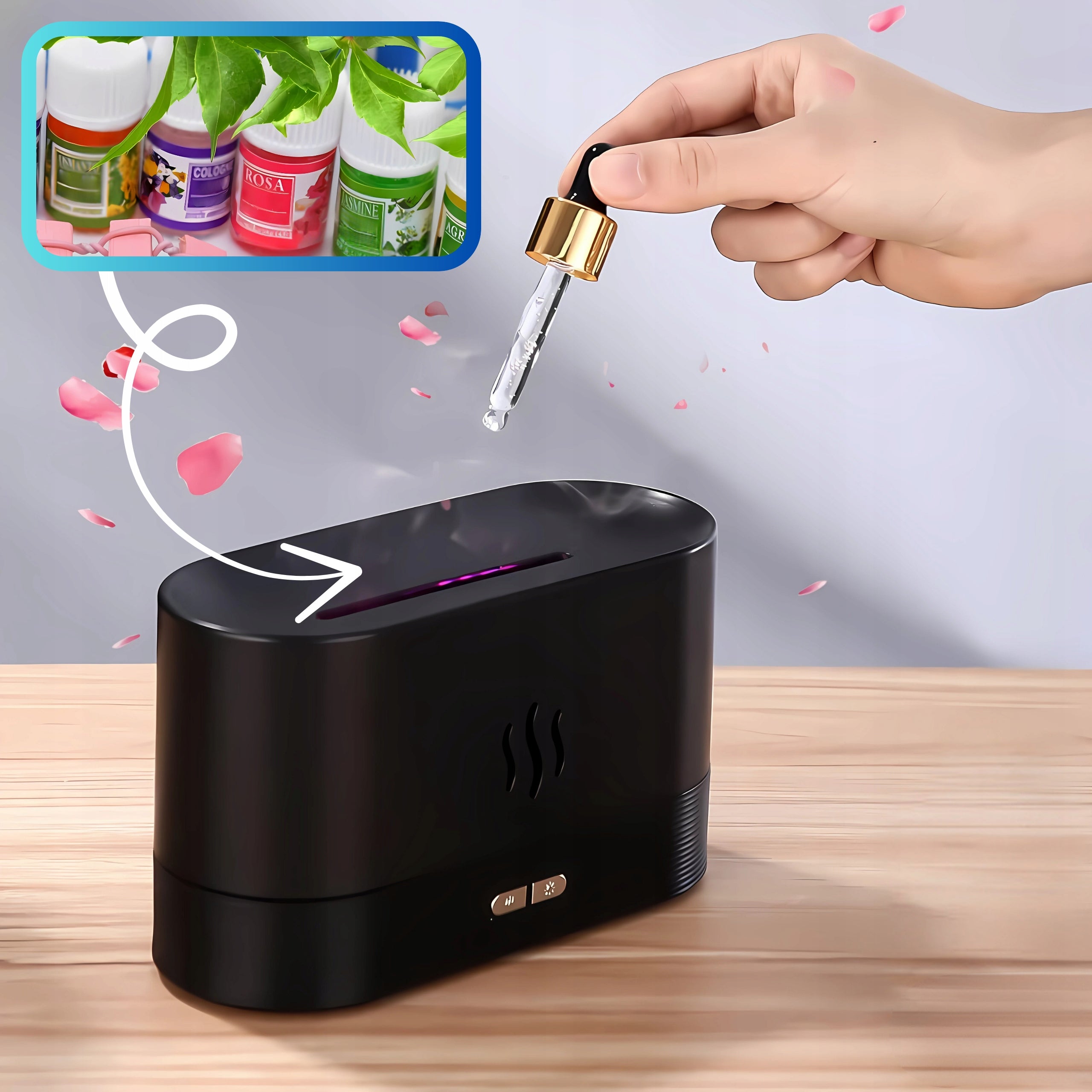 Air Humidifier 180ml Scent Diffuser Fire Effect LED Fireplace 3in1 Dominant color black