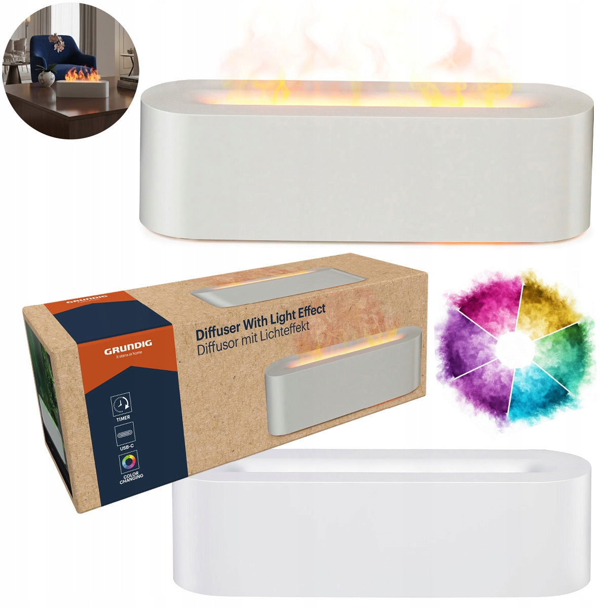 Air humidifier Diffuser flame fireplace effect LED COLORS GRUNDIG Type steam humidifier