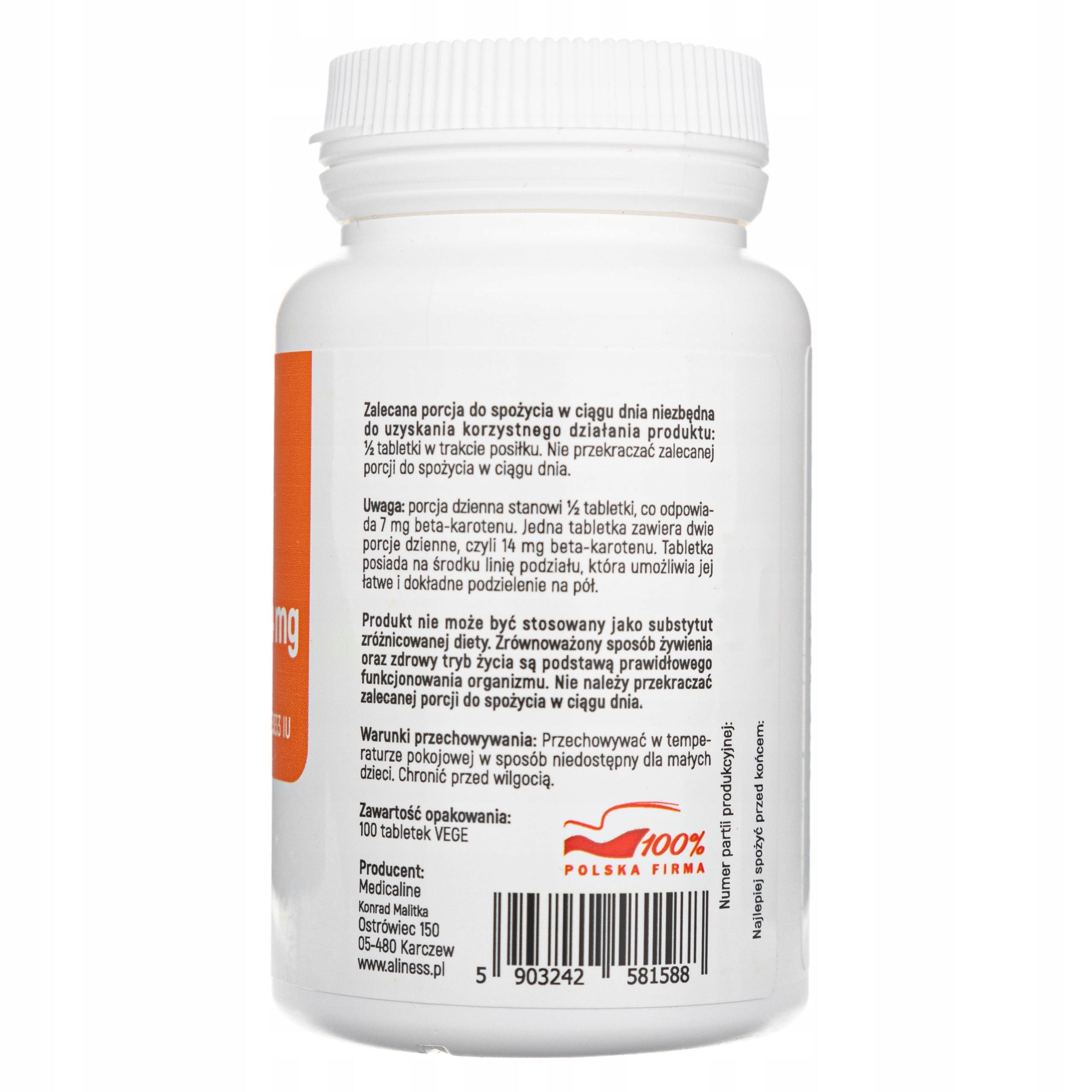 Aliness Natural BetaCarotene 14 mg (ProVitamin A) x 100 tab. vege For universal