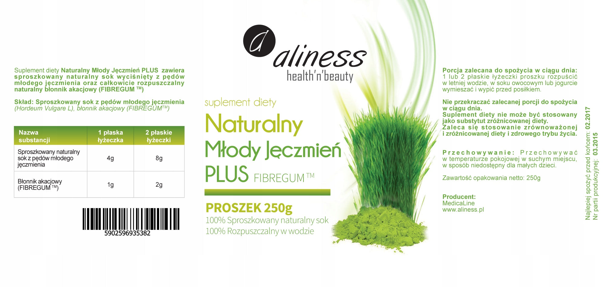 Aliness Natural Young Barley Juice PLUS Acacia Fiber POWDER 250g Packaging status original