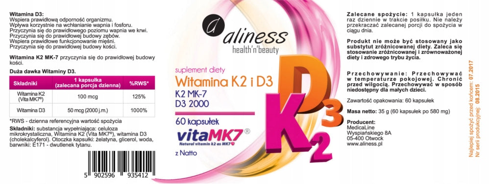 Aliness Vitamin K2 MK-7 100mcg with Natto + D3 50mcg K2 MK 7 + D 3 60 kaps EAN (GTIN) 5902596935412
