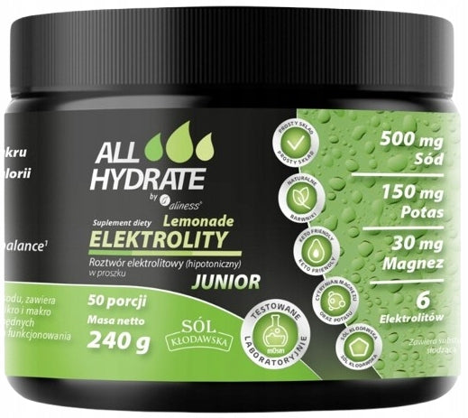 AllHydrate Electrolytes JUNIOR Lemonade 240g Energy Hydration 2x50 servings Expiration date at least six months from the date of purchase