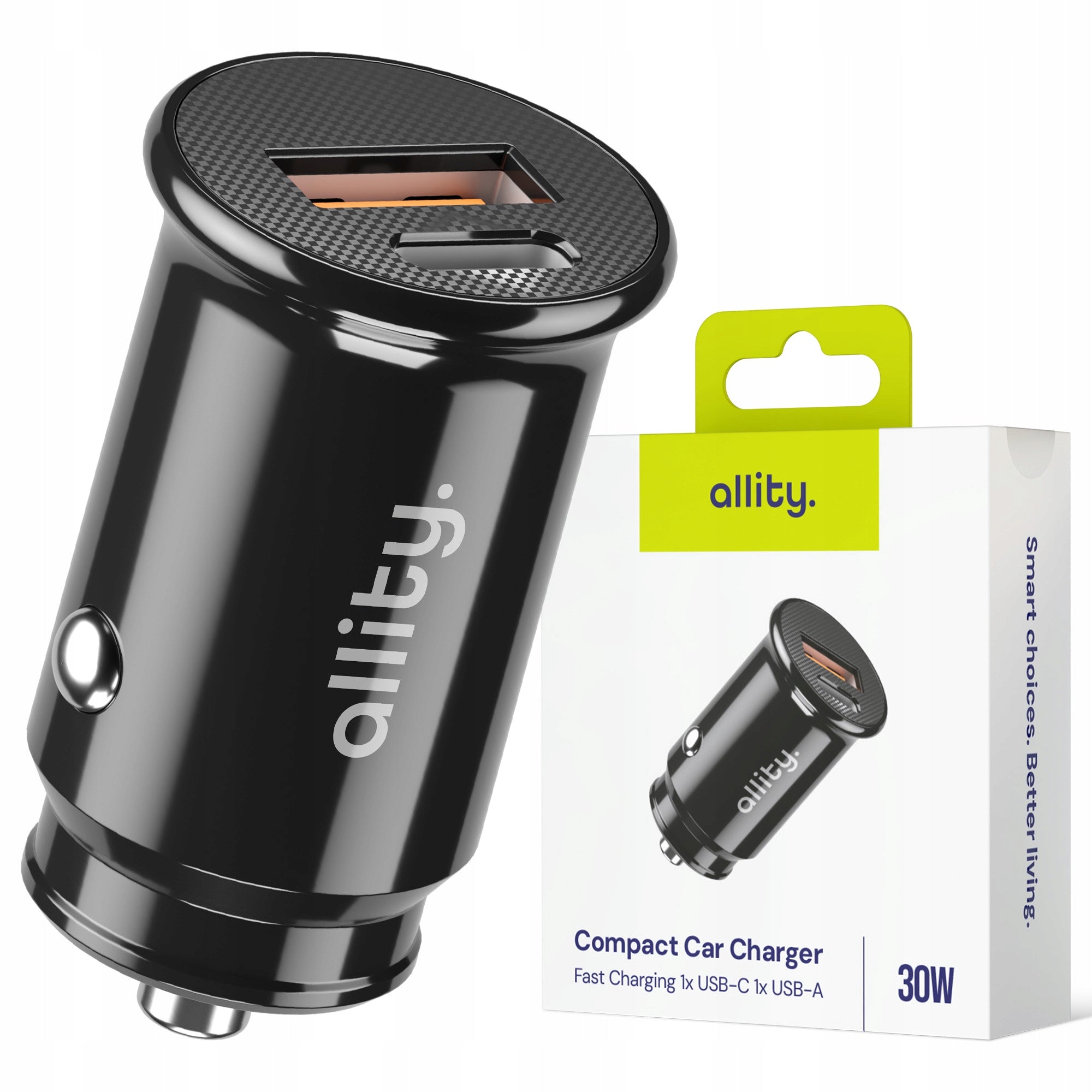 Allity Car Charger Fast USB-C USB-A PD QC30W black for car