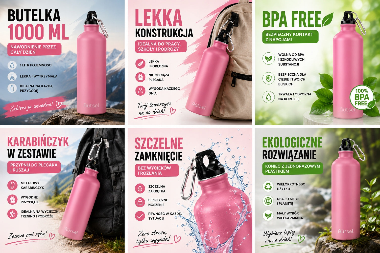 Aluminum Bottle 1000ml 1L BPA FREE Carabiner Light Pink Brand no brand