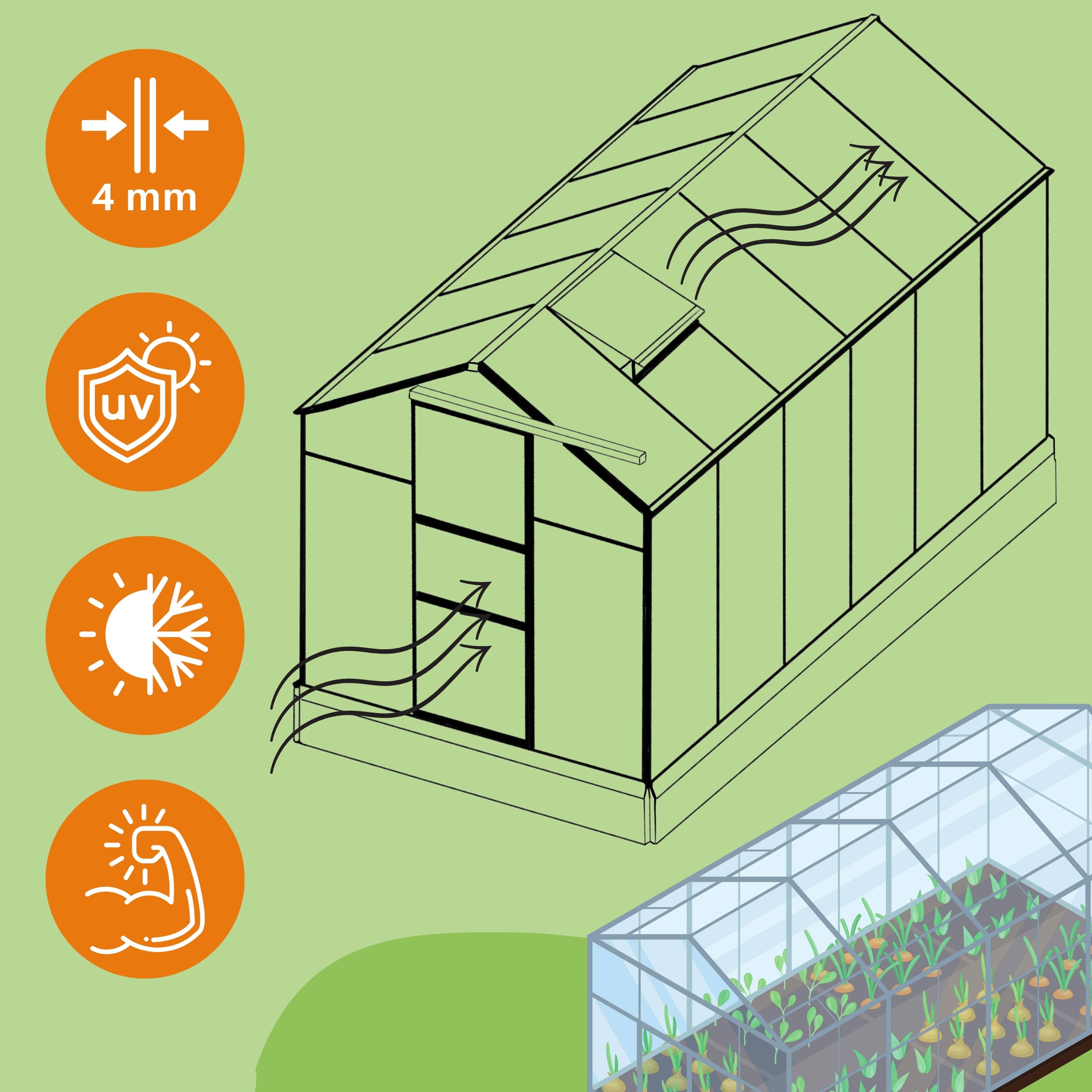 Aluminum Garden Greenhouse with Polycarbonate 190x363x191cm Manufacturer code GL190363.026