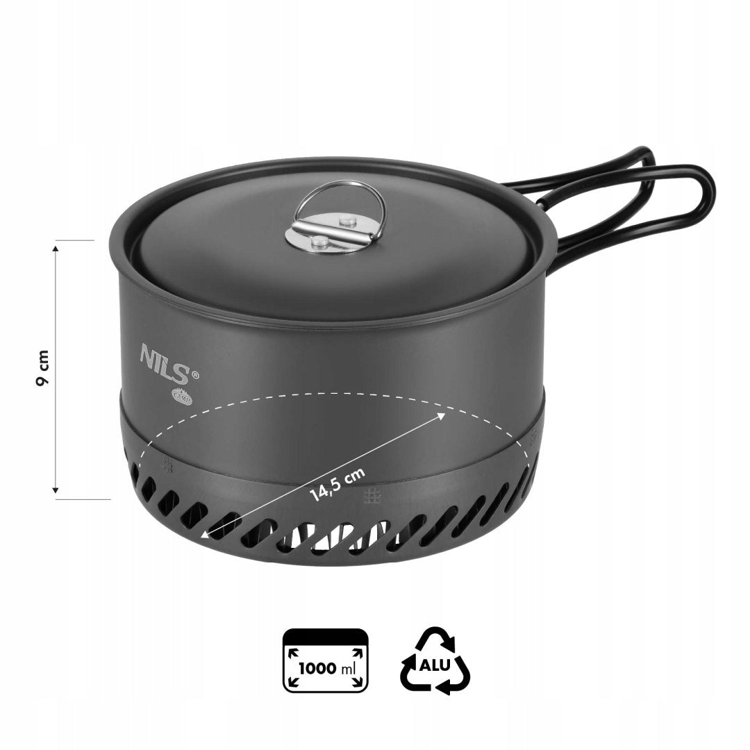 Aluminum Tourist Pot With Lid 1000 ml Camping With Heatsink Packaging status original