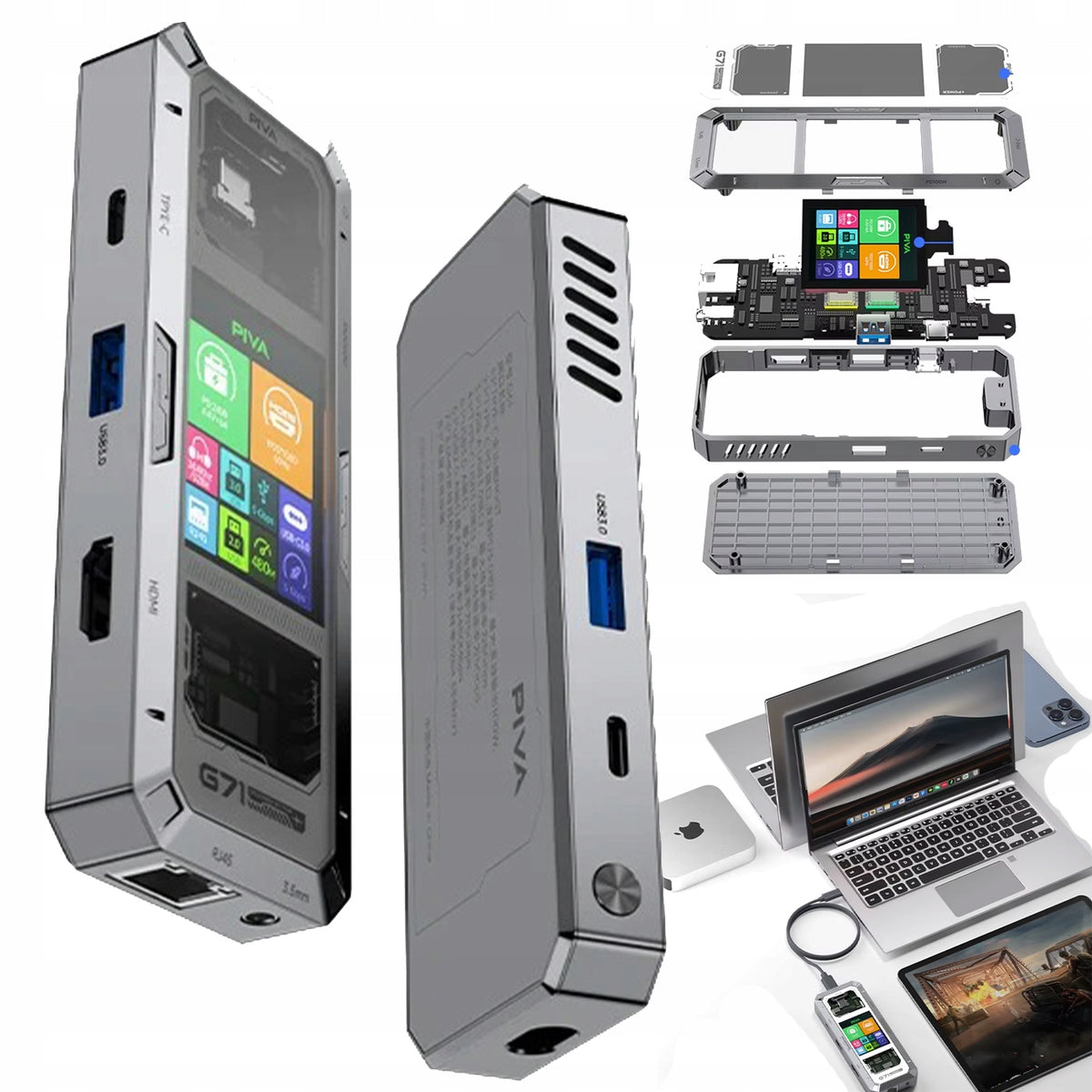 Aluminum USB-C Docking Station 7in1 HDMI LCD Screen 4K 60Hz PD100W
