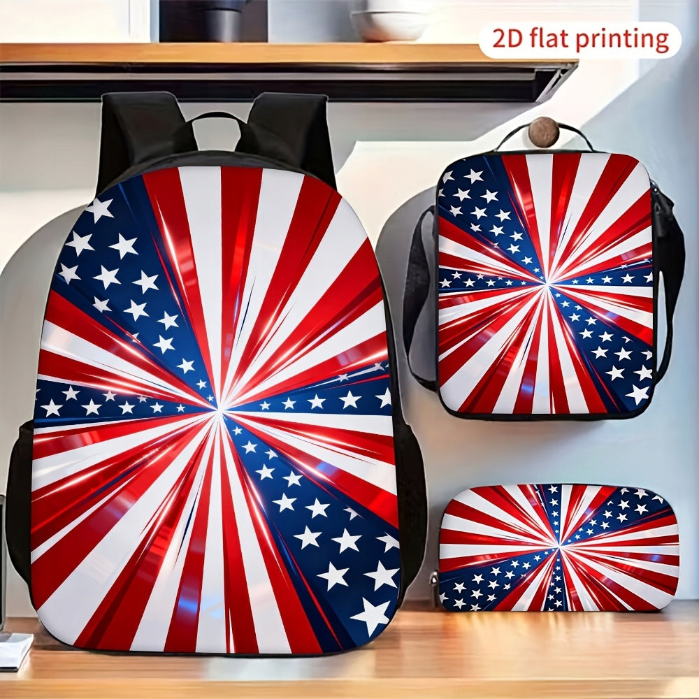 American Flag Star Radial Backpack Set with Crossbody Bag and Pencil Pouch