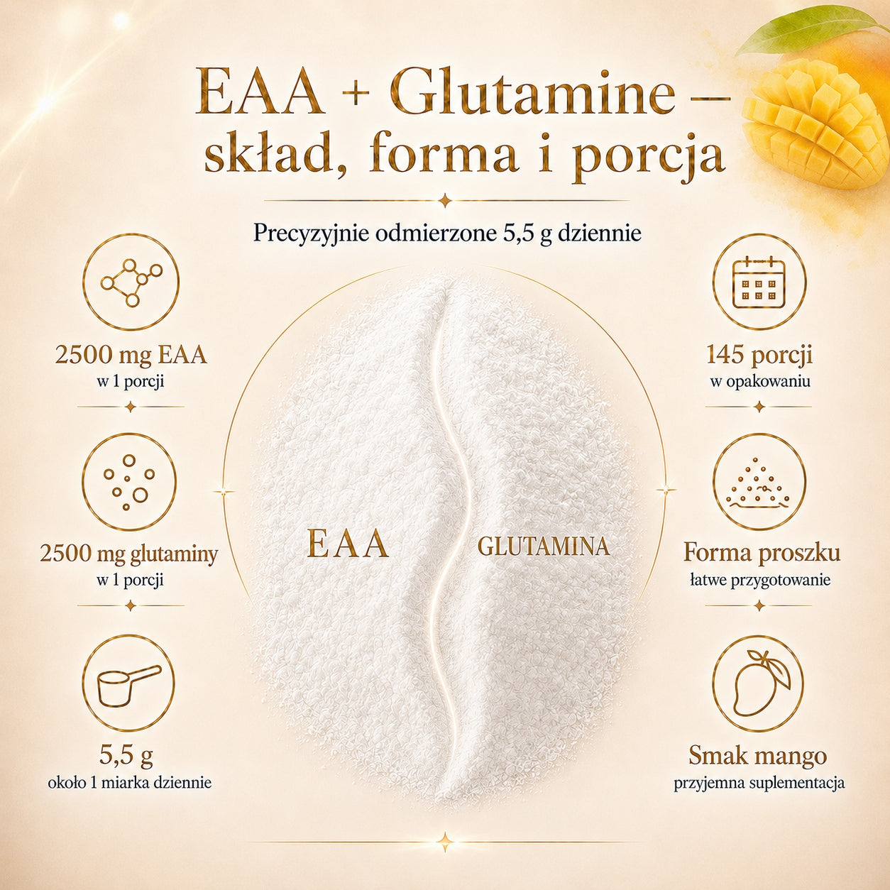 Amino acids EAA + Glutamine 800g Glutamine BCAA Regeneration Mango Victorious Expiration date at least 3 months from the date of purchase