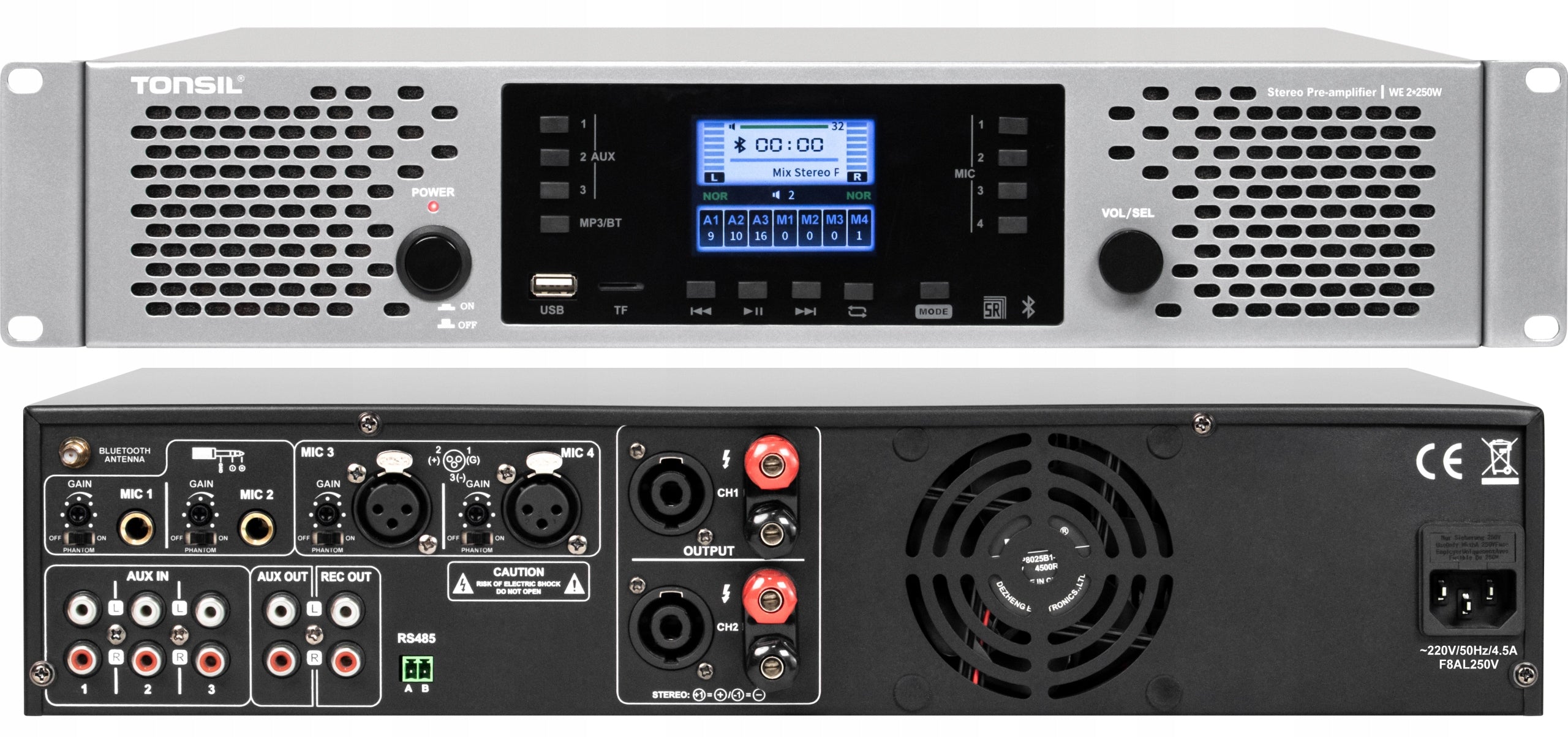 Amplifier Tonsil WE 2×250W Conference Stereo Bluetooth USB microSD +48V