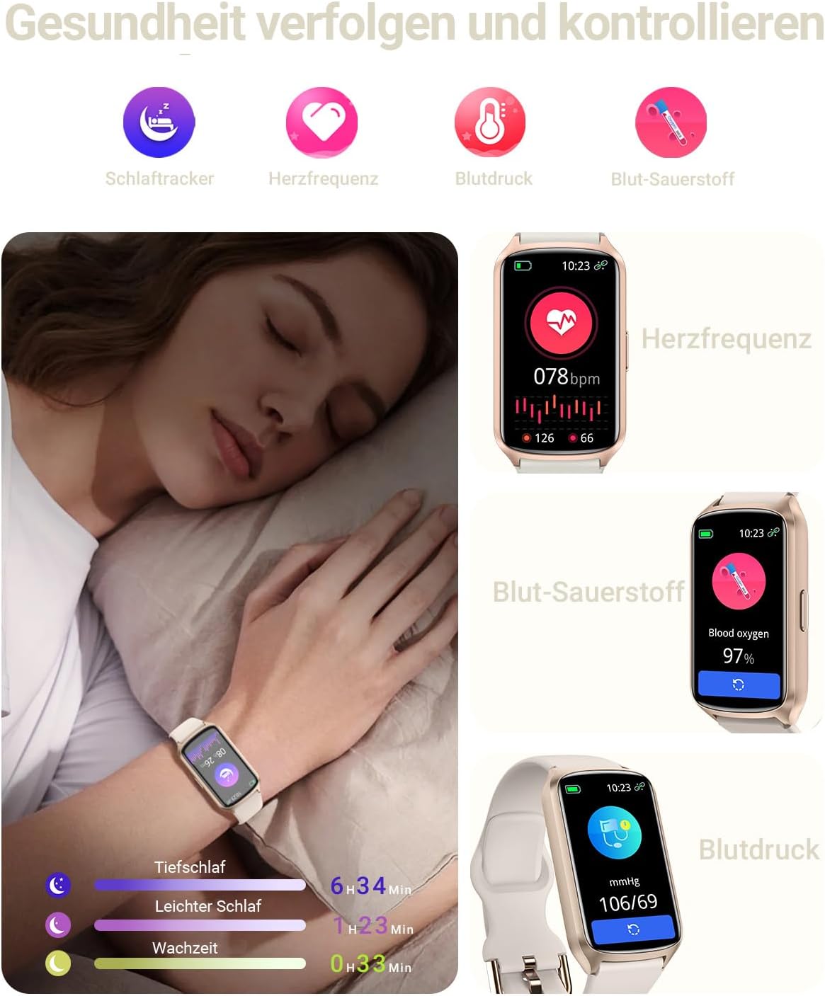 Amzhero Smartwatch Health and Fitness Monitor 24/7 Beige Color beige