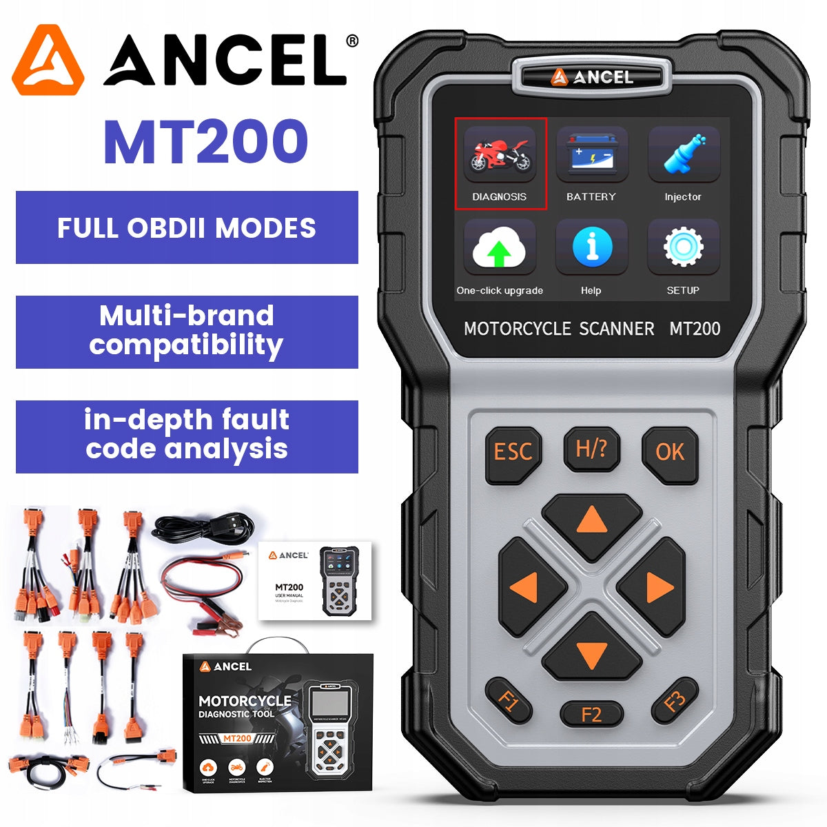 Ancel MT200 Tester dla Motocykli Diagnostyka OBD2Polski Język Wieloznakiowe Brand ANCEL