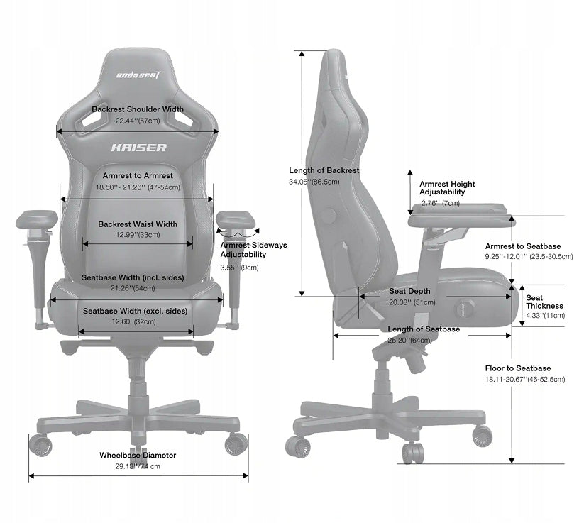 Anda Seat Kaiser 4 V2 Size XL Gray Fabric Gaming Chair Maximum seat height 52.5 cm