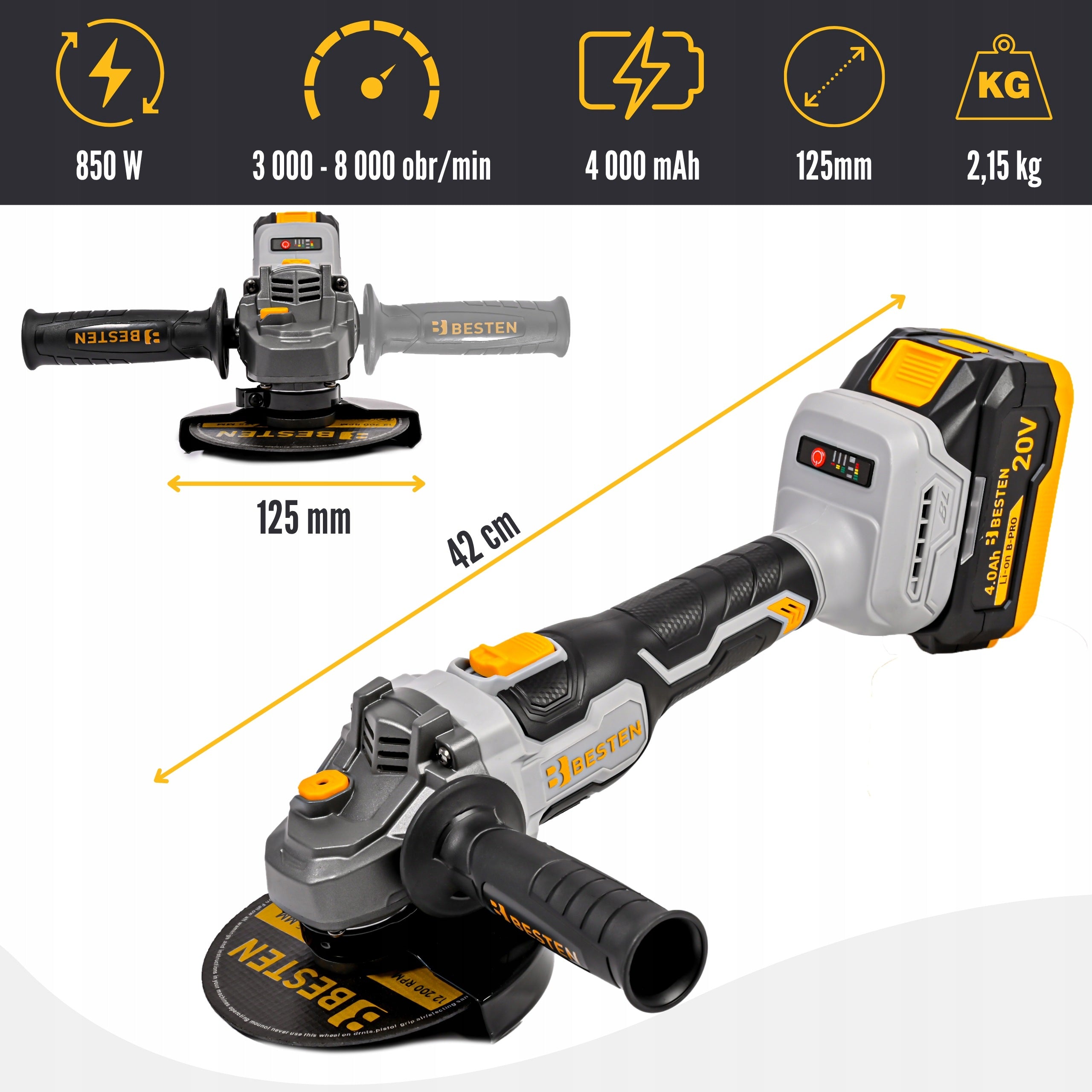 Angle Grinder Cordless Brushless Angle Diax BESTEN 2XAku 4Ah Manufacturer code MODEL BE-2851V2
