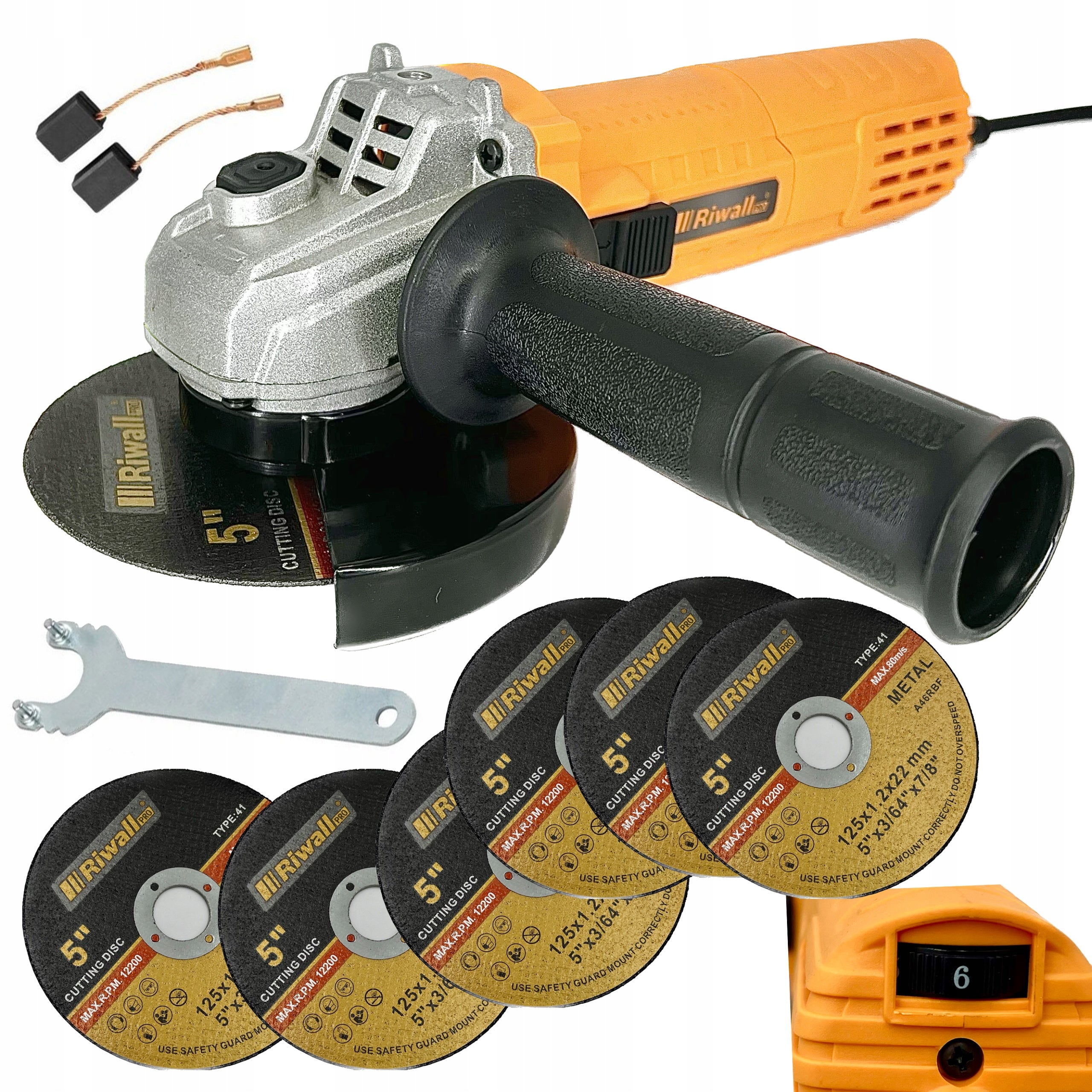 Angle grinder Riwall Diax 125 mm 2000W speed control + 6 discs