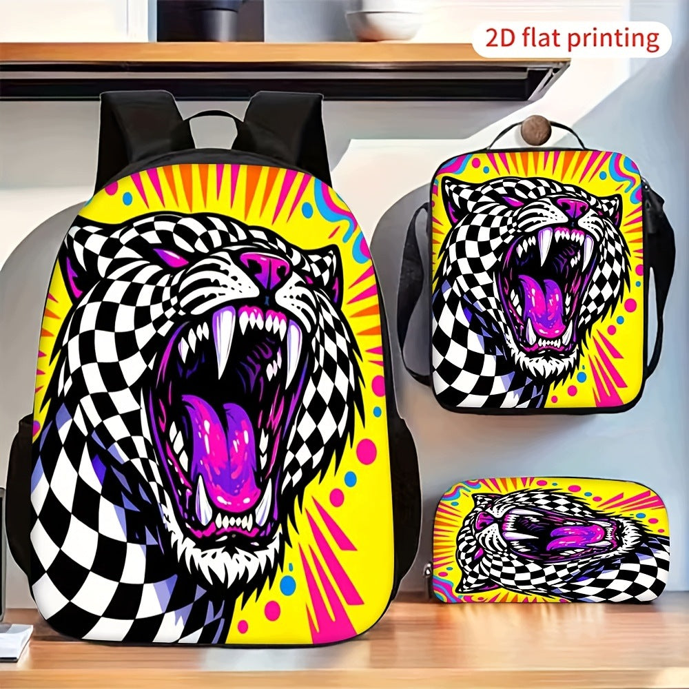 Angry Roaring Leopard Checkerboard Print Bag Set with Shoulder Bag
