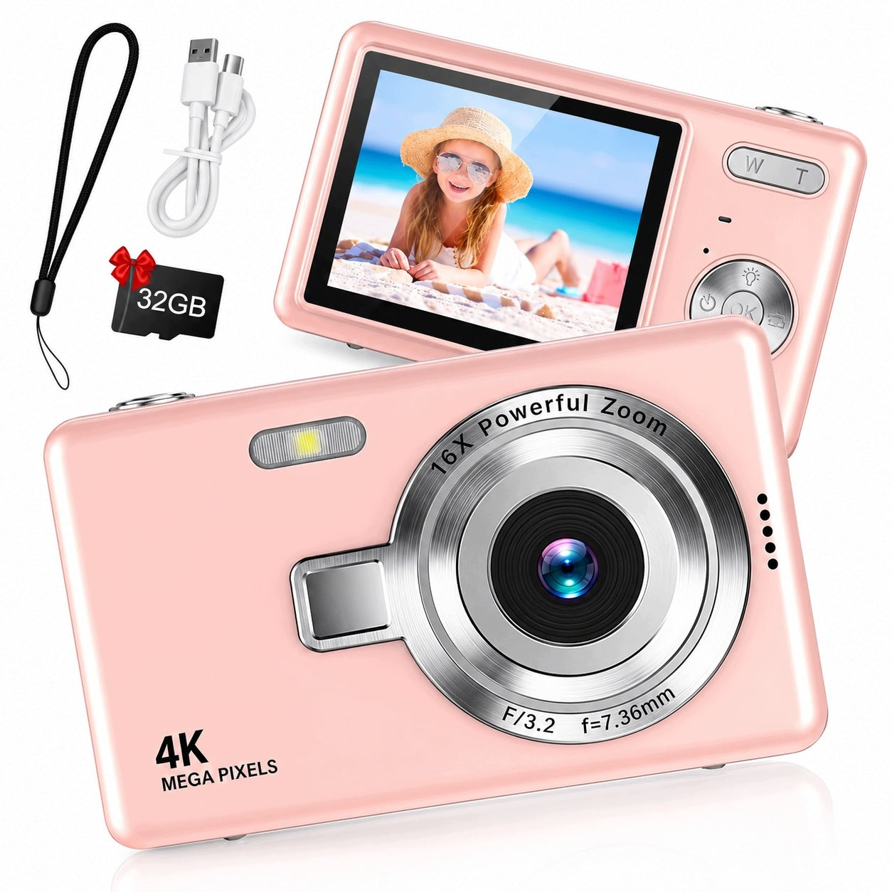Aparat vlogowy 44MP Full HD 1080p, antyshake, przenośny, 32GB SD, różowy