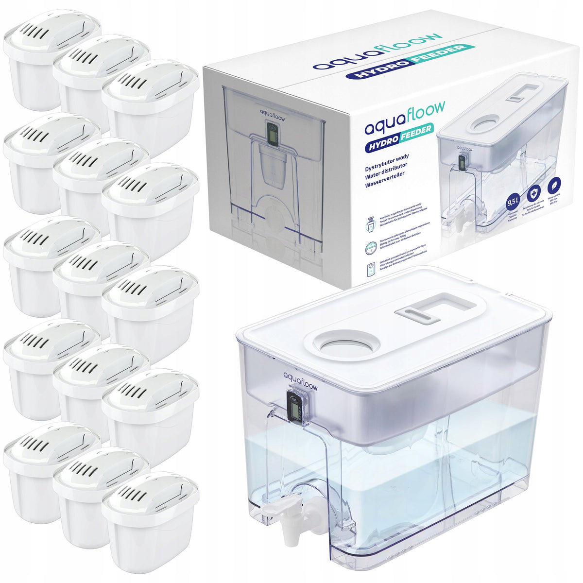 AquaFloow XL: filter water dispenser 9,5l dispenser + 15x cartridge