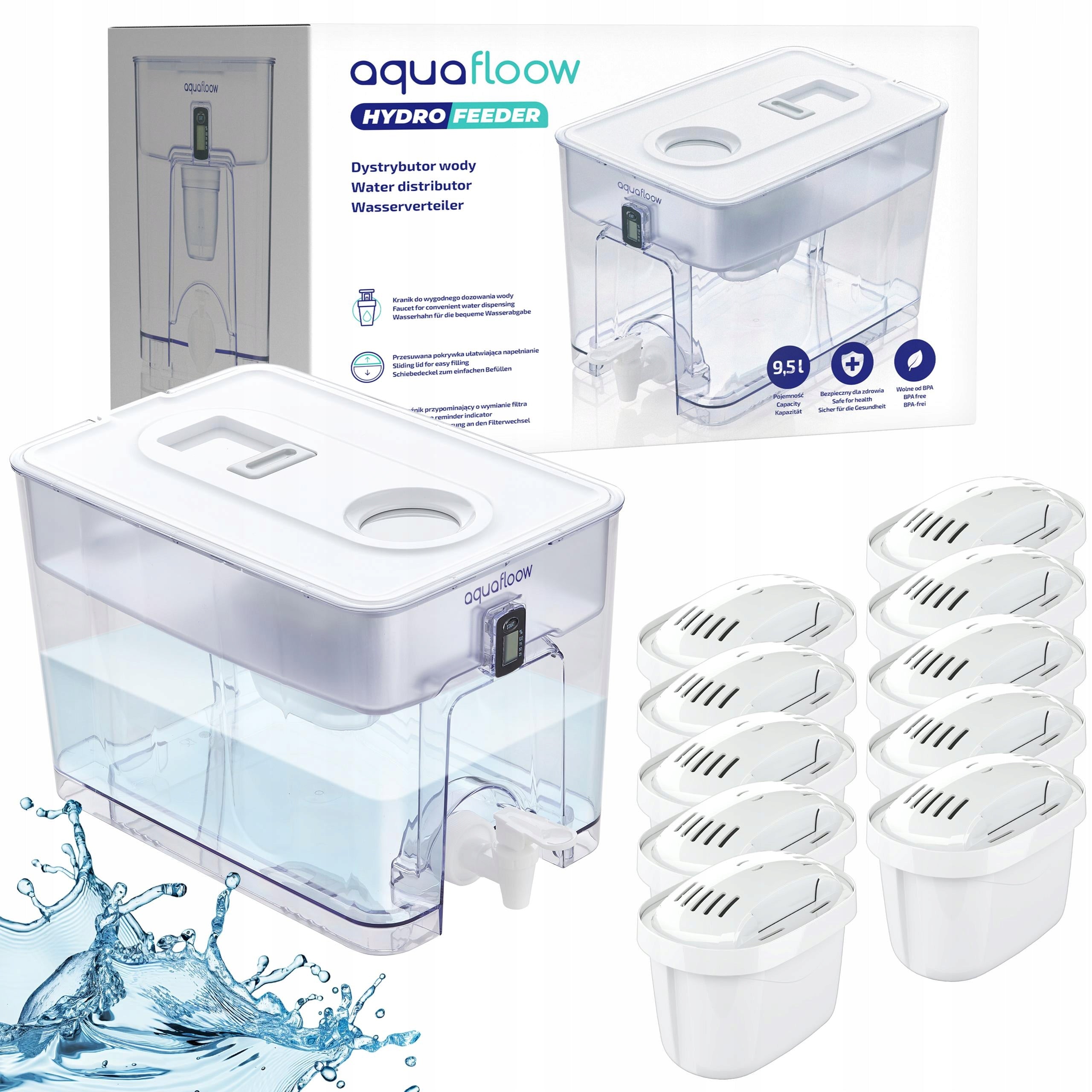 AquaFloow: filter jug XL 9,5l large water dispenser + 10x filter