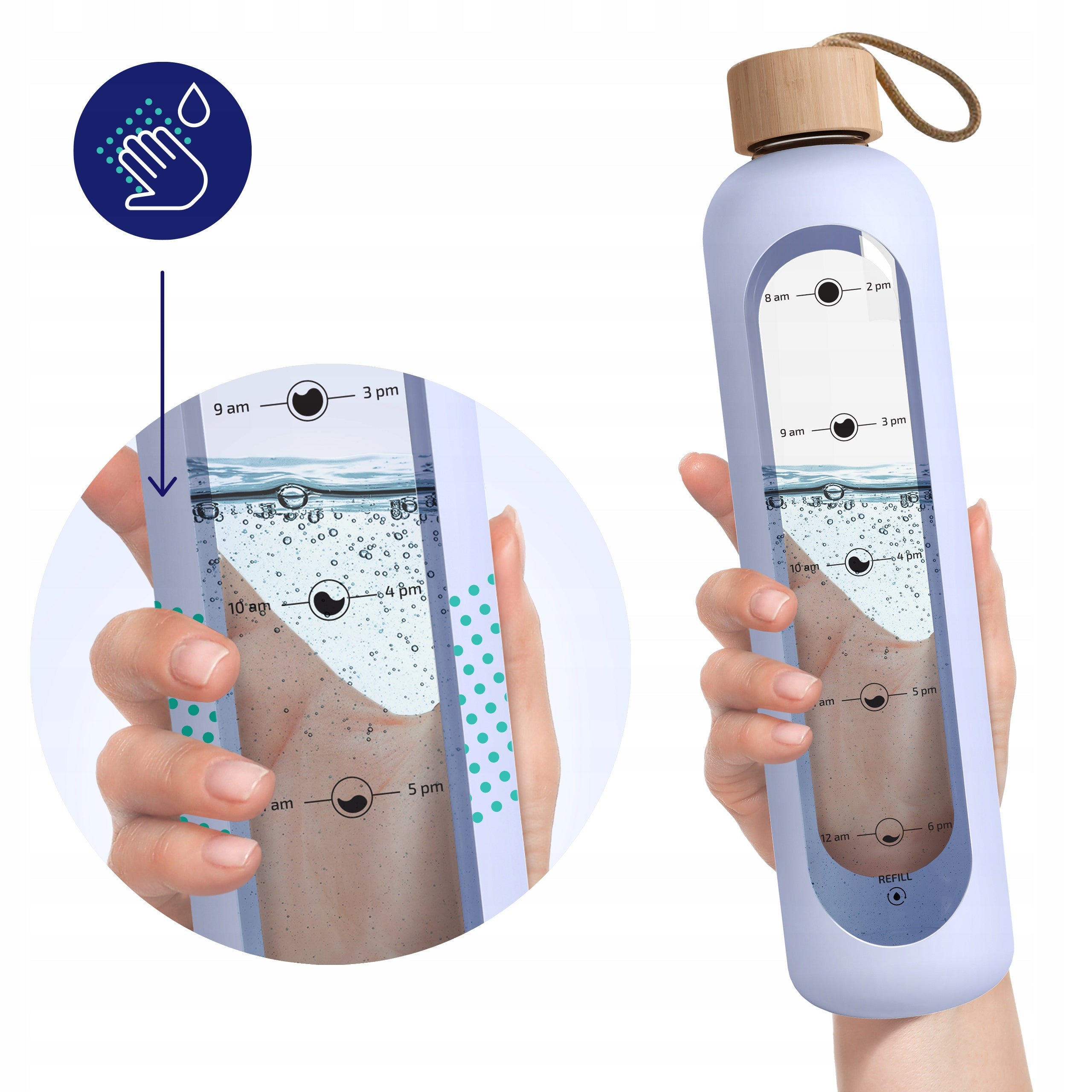 AquaFloow motivational glass bottle 1000ml with measuring cup for fitness tight Packaging status original