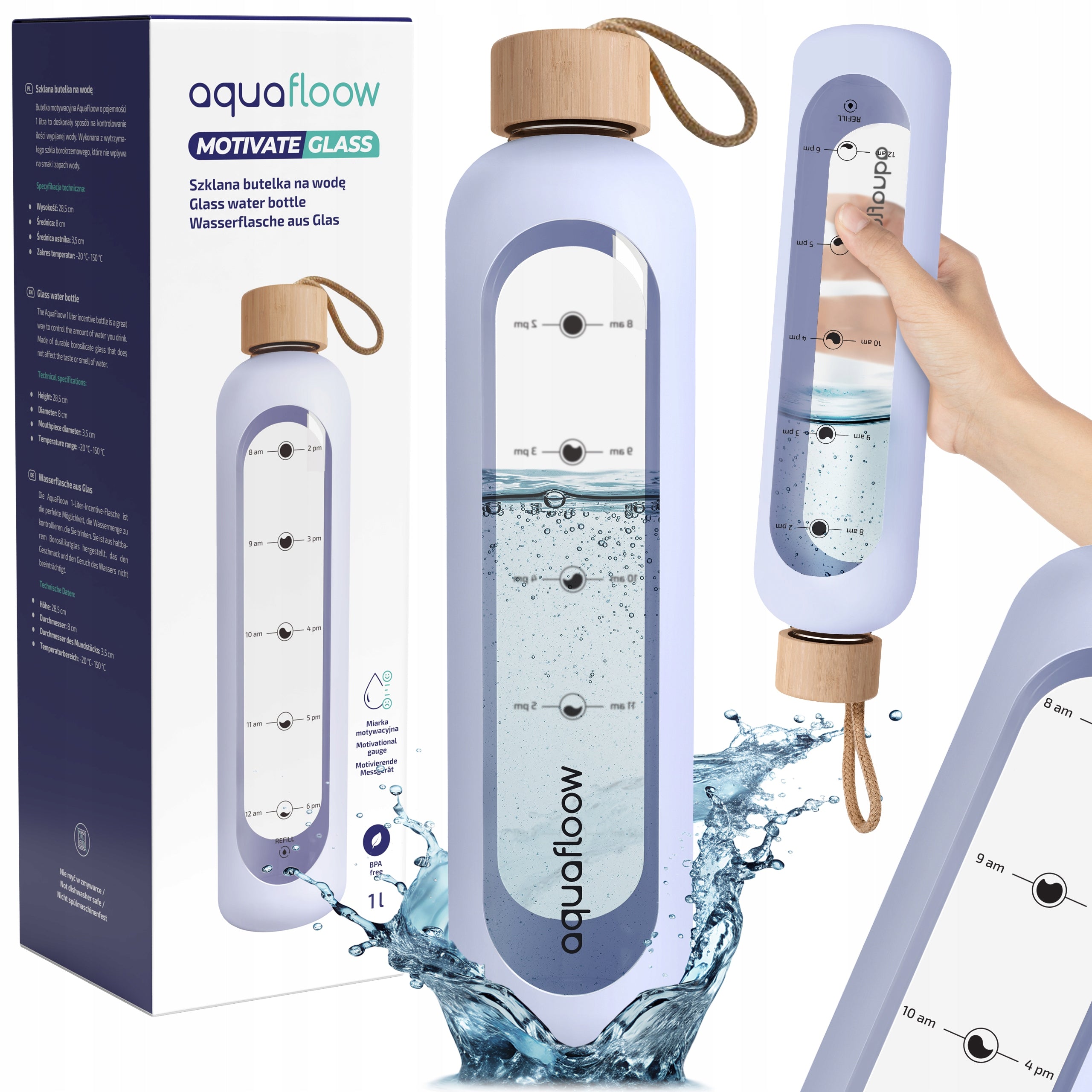 AquaFloow motivational glass bottle 1000ml with measuring cup for fitness tight