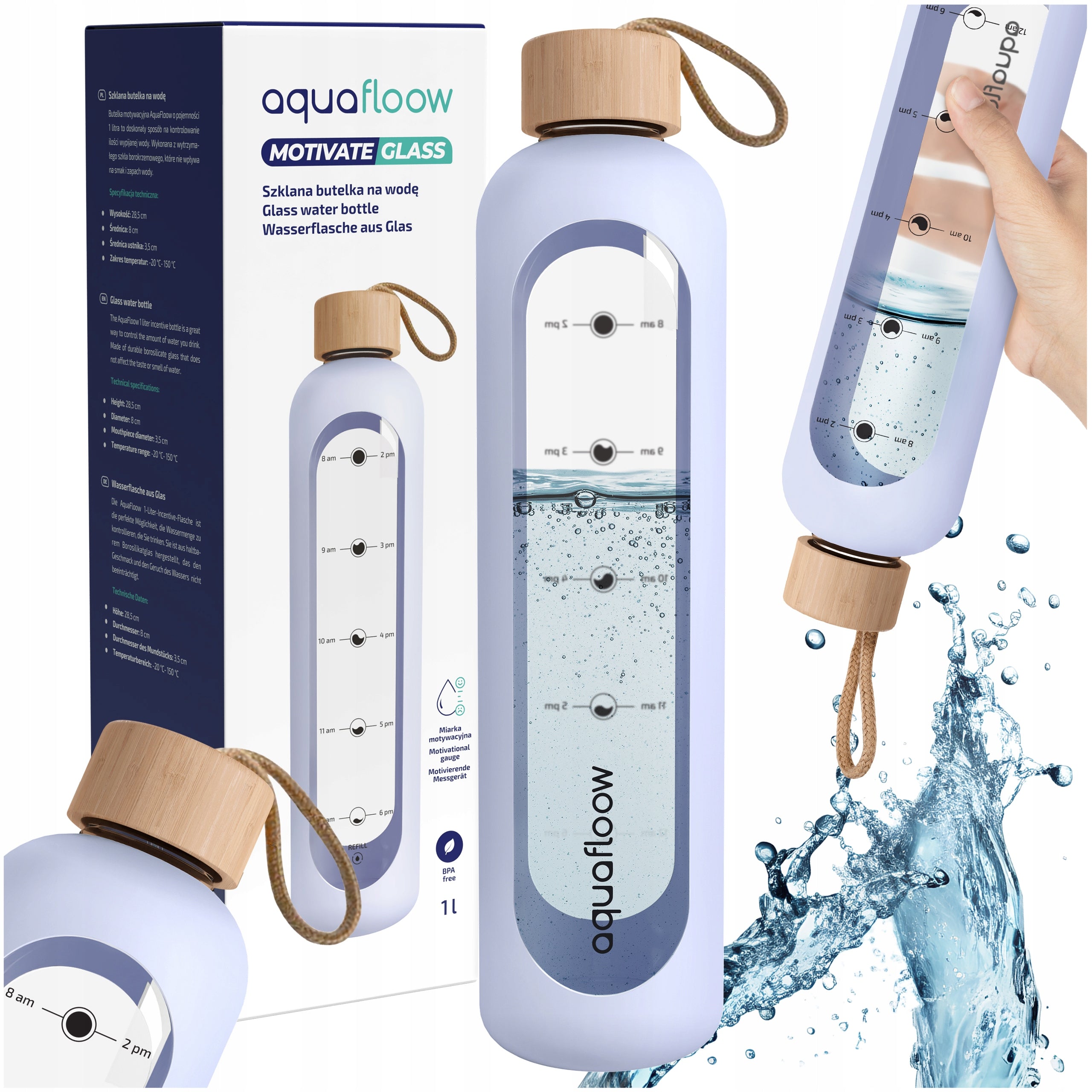 AquaFloow motivational glass bottle 1000ml with measuring cup for fitness tight