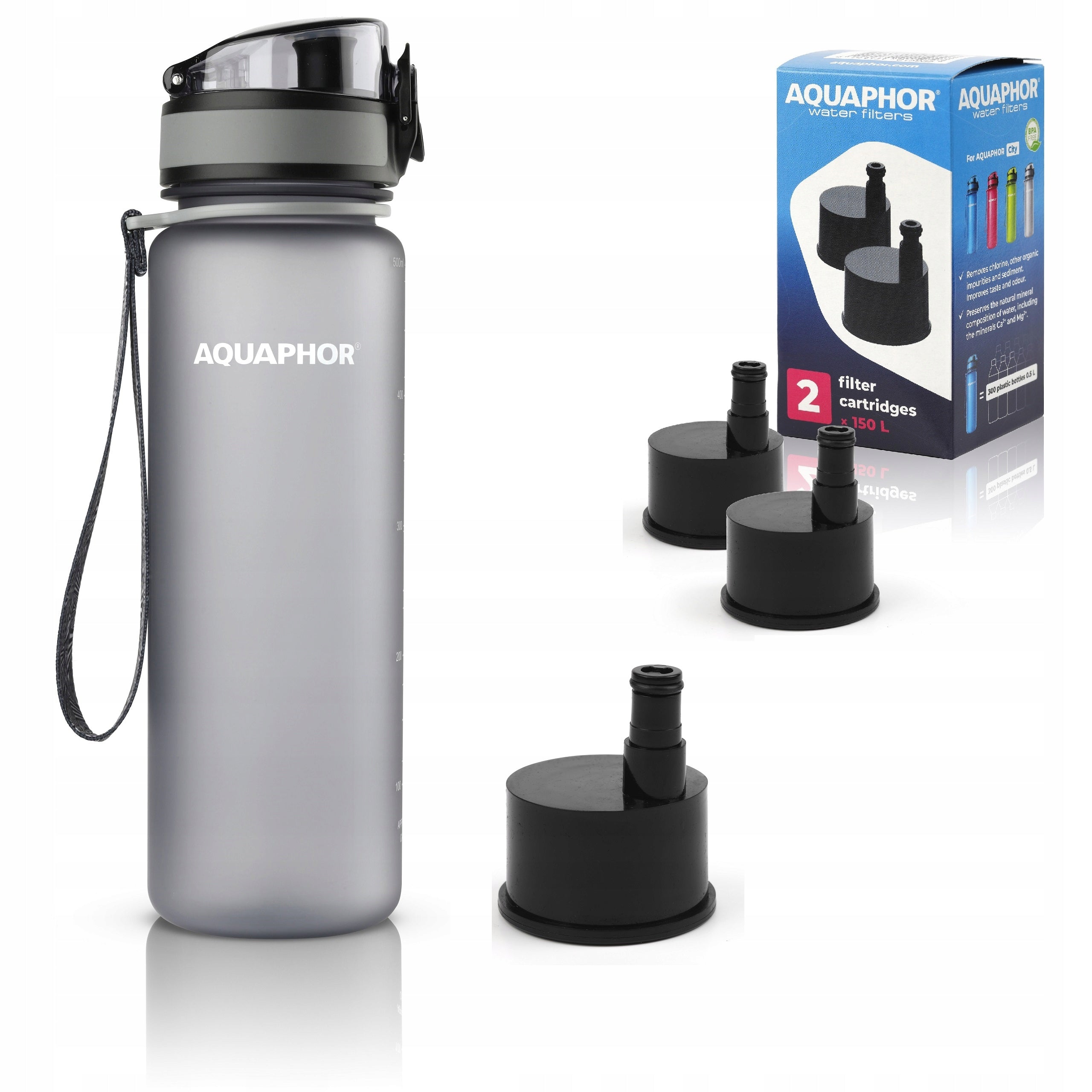 Aquaphor City Grey Bottle 500ml + 3 Filters, Button Lock with Scale