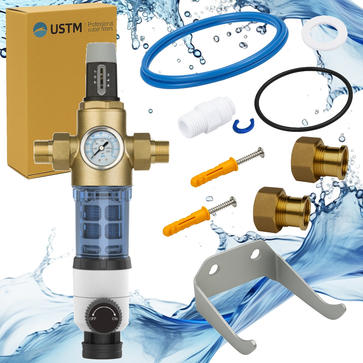 Aqwell 34 in-line filter with pressure reducer 3/4" 1" USTM pressure gauge