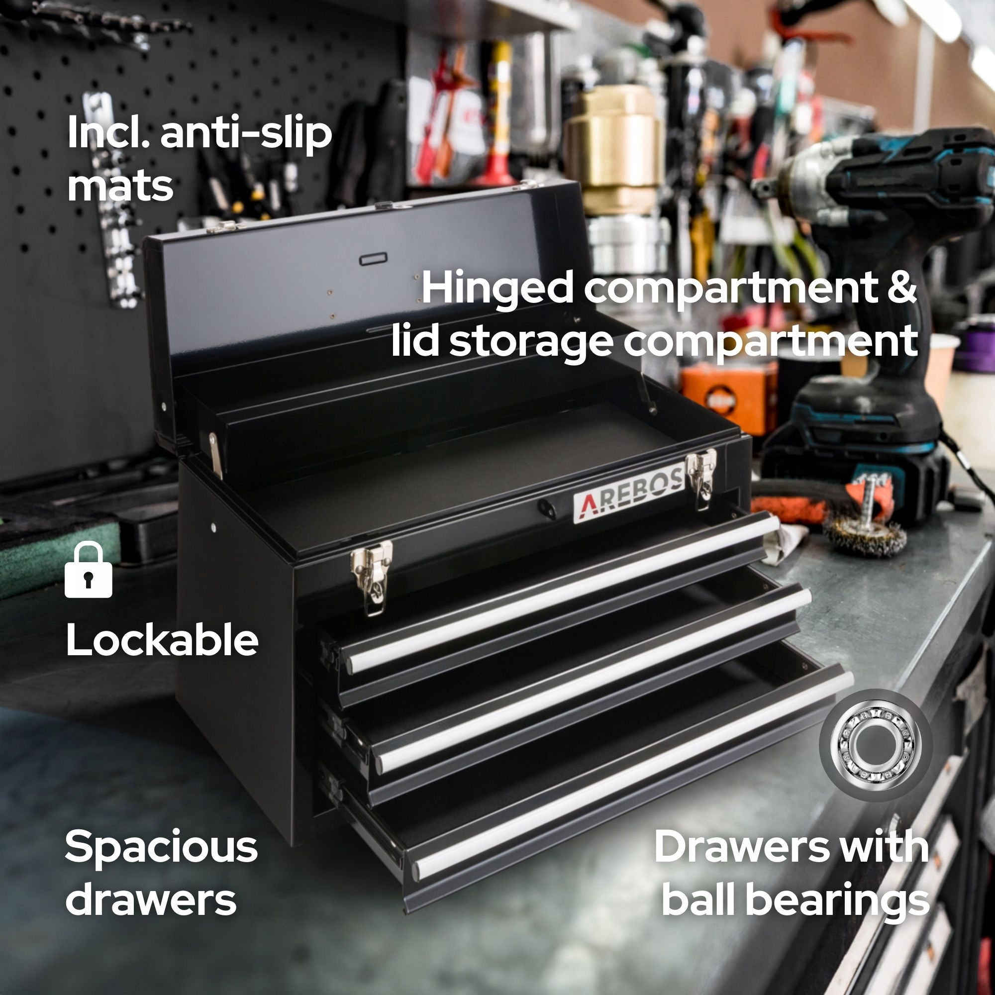 Arebos - Tool Carrying Case | 3 Drawers | Black Manufacturer code AR-HE-WK3SS