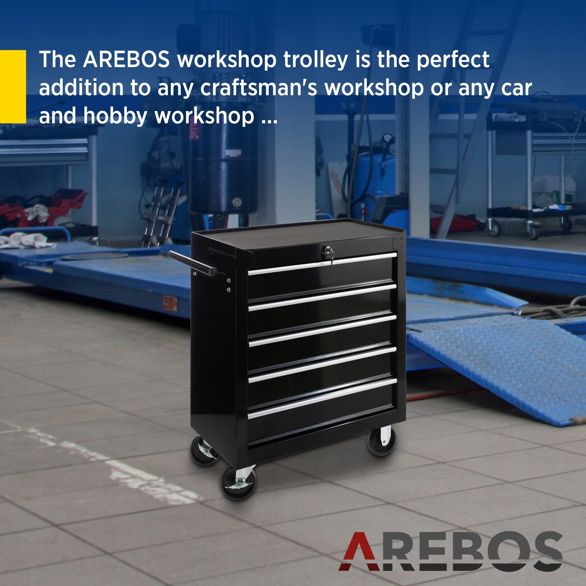 Arebos - Workshop Trolley | 5 Compartments | Lockable | Black EAN (GTIN) 4260551583308