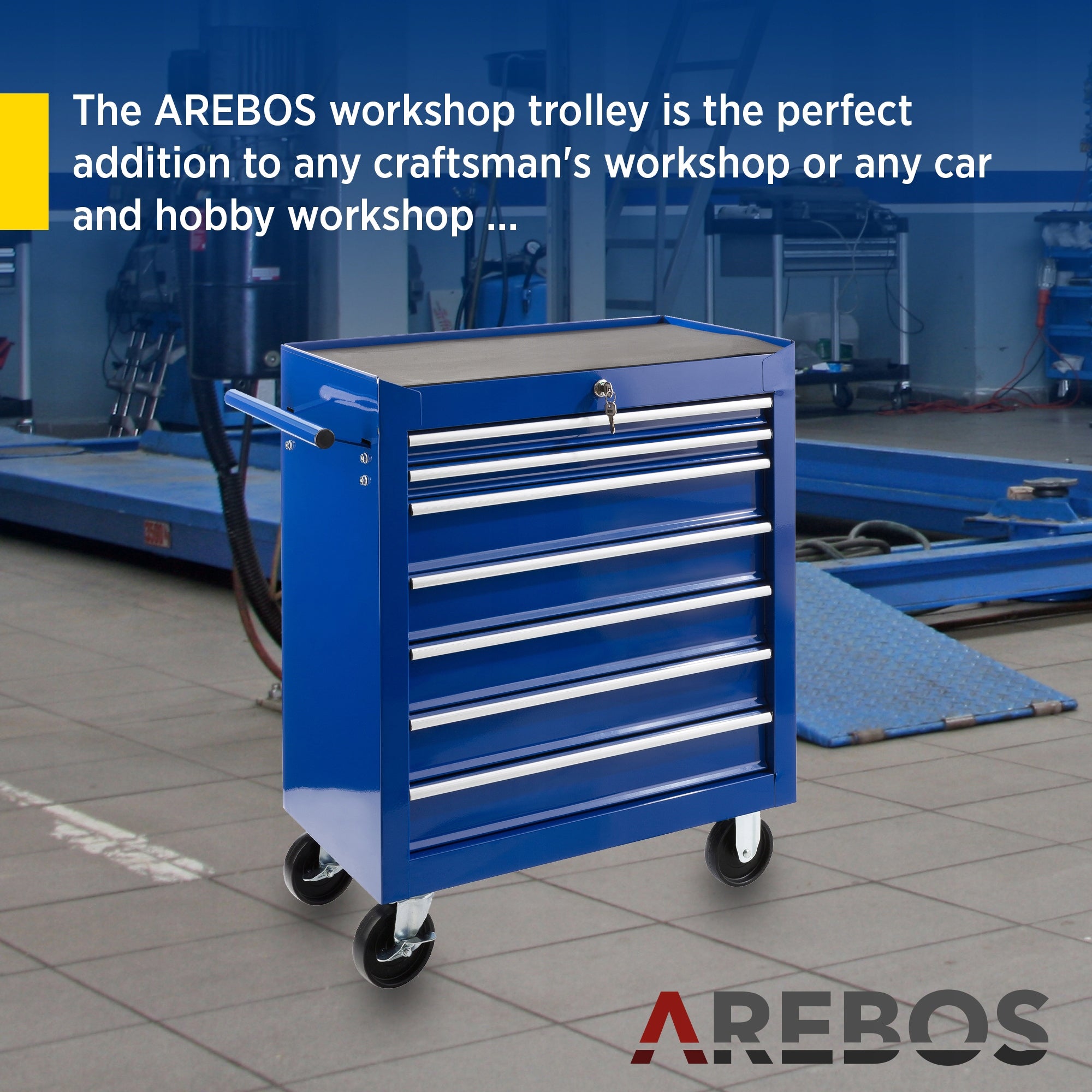 Arebos - Workshop Trolley | 7 Compartments | Lockable | Blue EAN (GTIN) 4260551583315