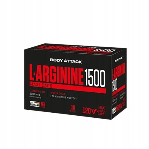 Arginine BODY ATTACK L-Arginine 1500 120 Capsules Muscle Pump Strength Expiration date at least six months from the date of purchase