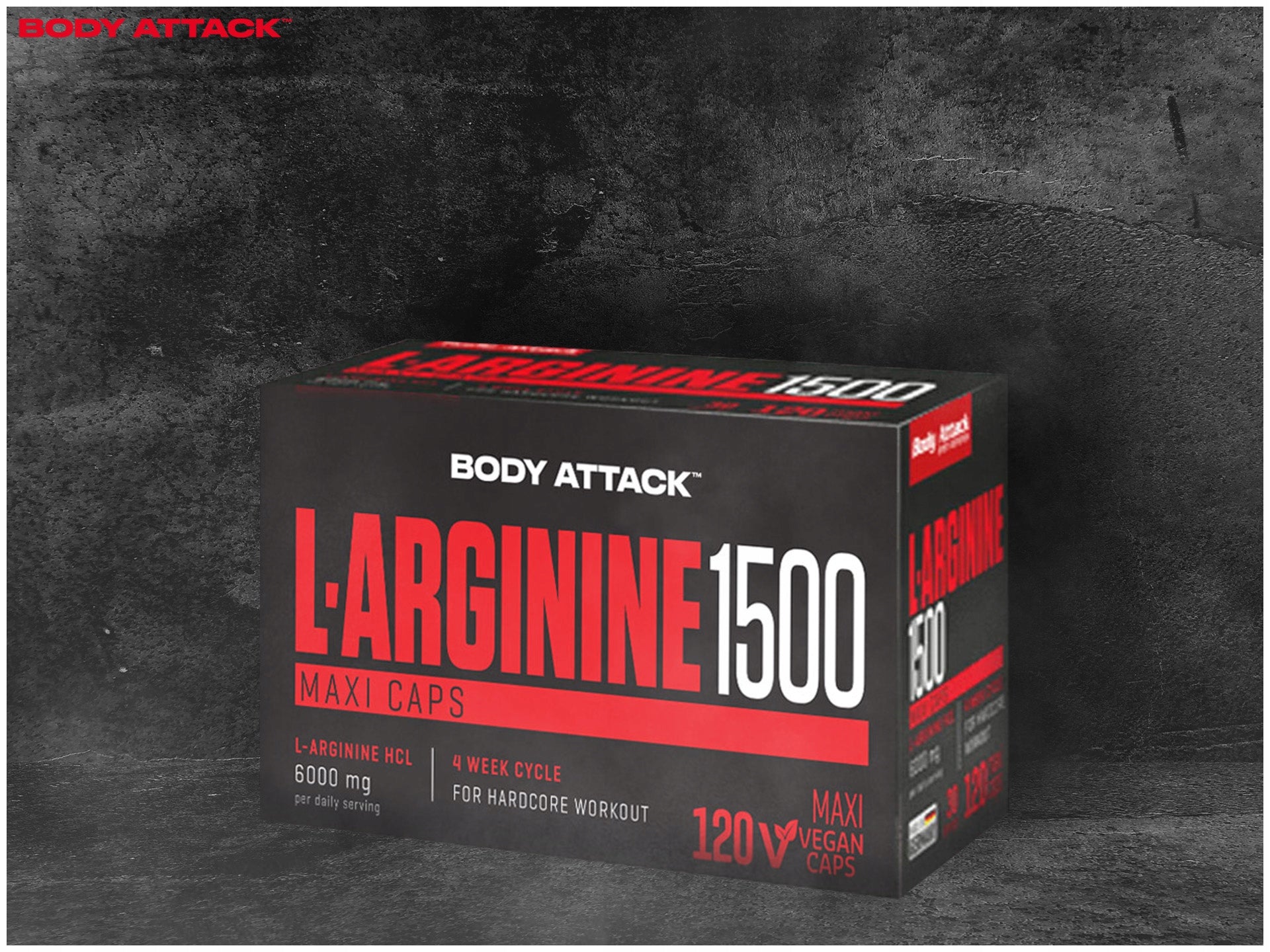 Arginine BODY ATTACK L-Arginine 1500 120 Capsules Muscle Pump Strength Packaging status original
