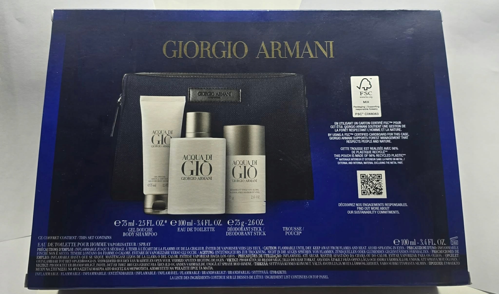 Armani Acqua di Gio Pour Homme 100 EDT + 75 DST + 75 SG + cosmetic bag 2023 Manufacturer code 1YX81C (2023-08 prod.)