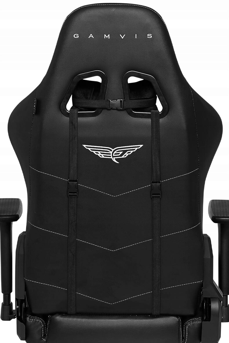 Armchair GAMVIS Phantom Large Black (white elements) Additional functions swing option headrest cushion folding option armrest adjustment lumbar cushion