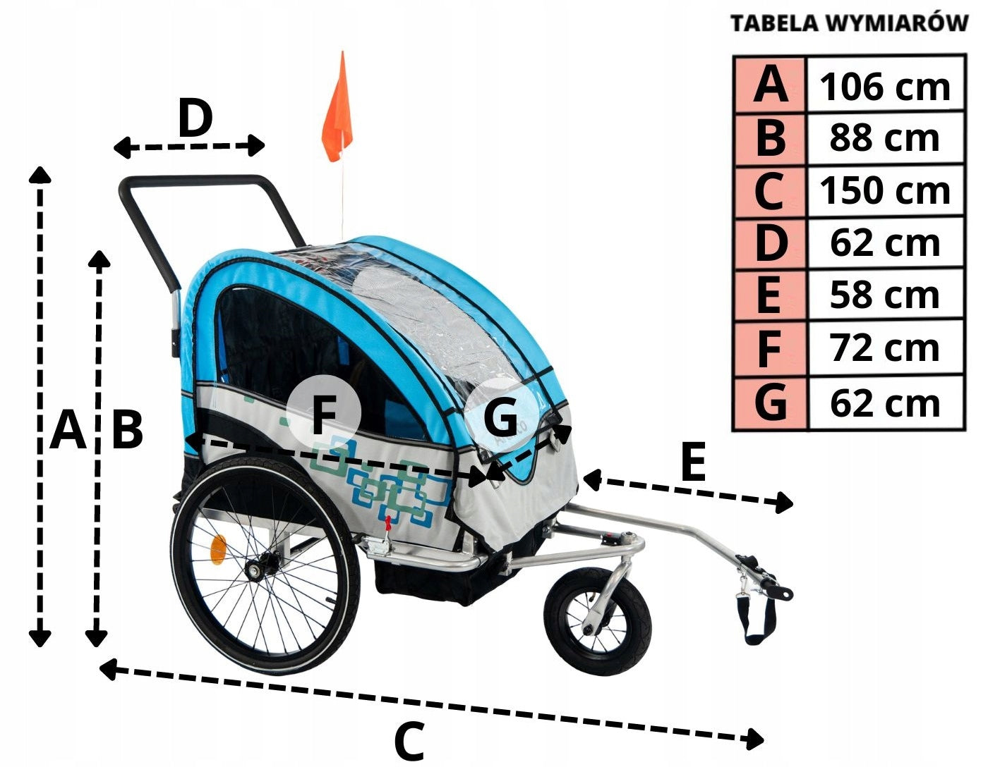 Artnico BLUE 3in1 foldable children's bicycle trailer, blue, 360° wheel Number of seats 2
