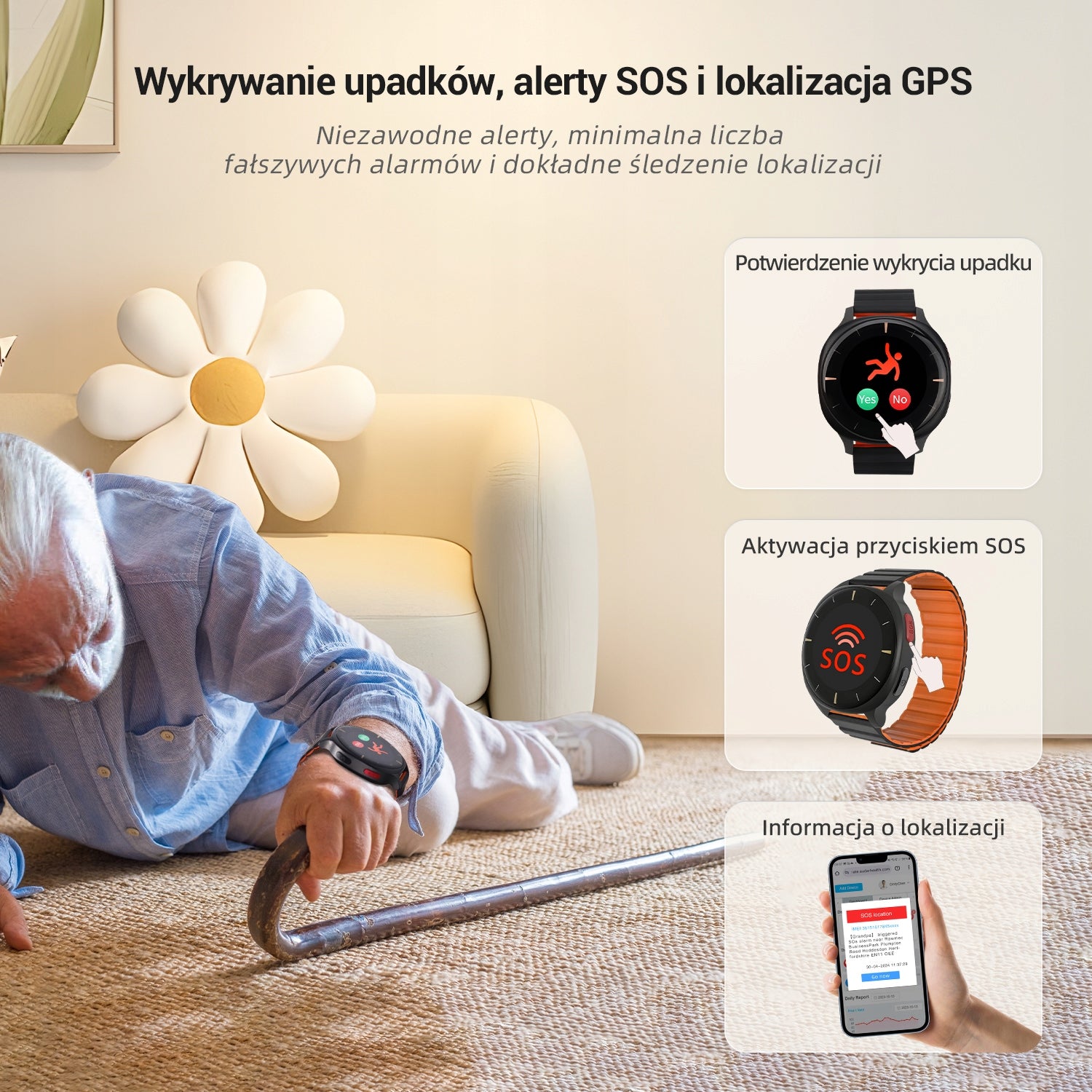 Audar E2-CB Watch Health Monitor 24/7 SOS Alert Fall Detection Batteries included yes