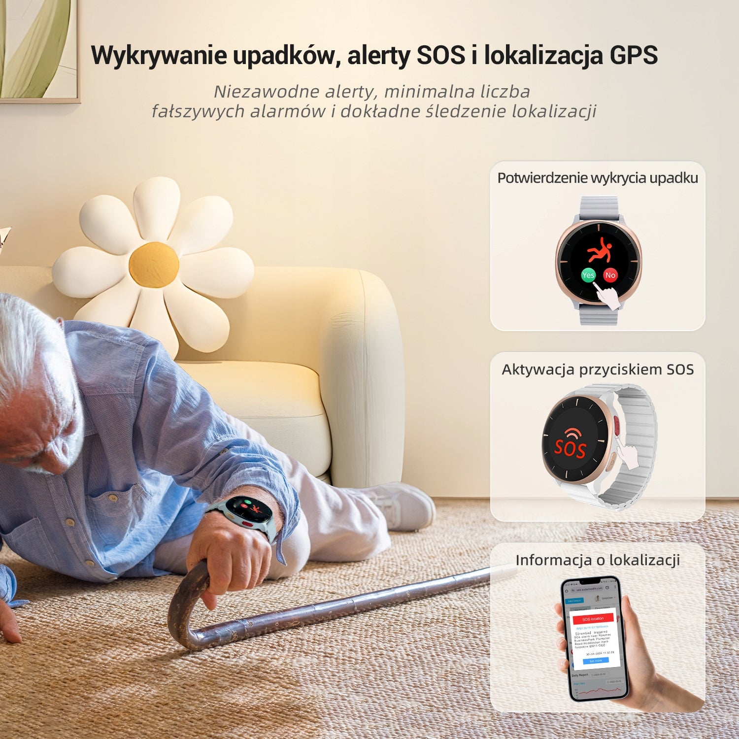 Audar E2-GR Watch Health Monitor 24/7 SOS Alert Fall Detection Batteries included yes