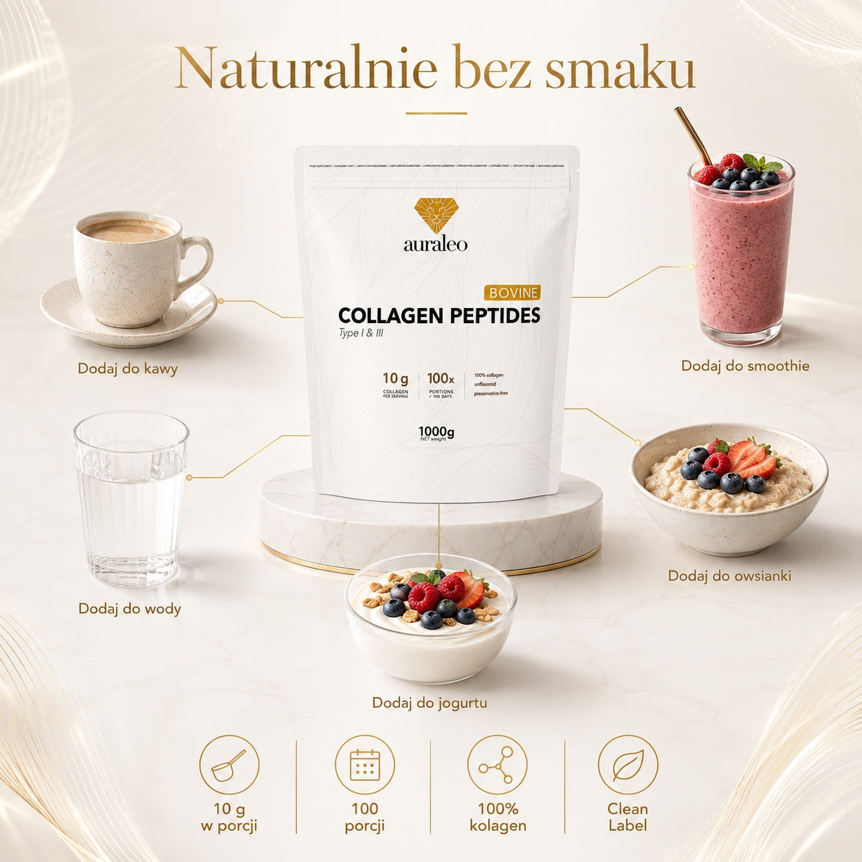 Auraleo Beef Collagen 1000 g Peptides Type I and III Clean Label 100 Servings Expiration date at least six months from the date of purchase