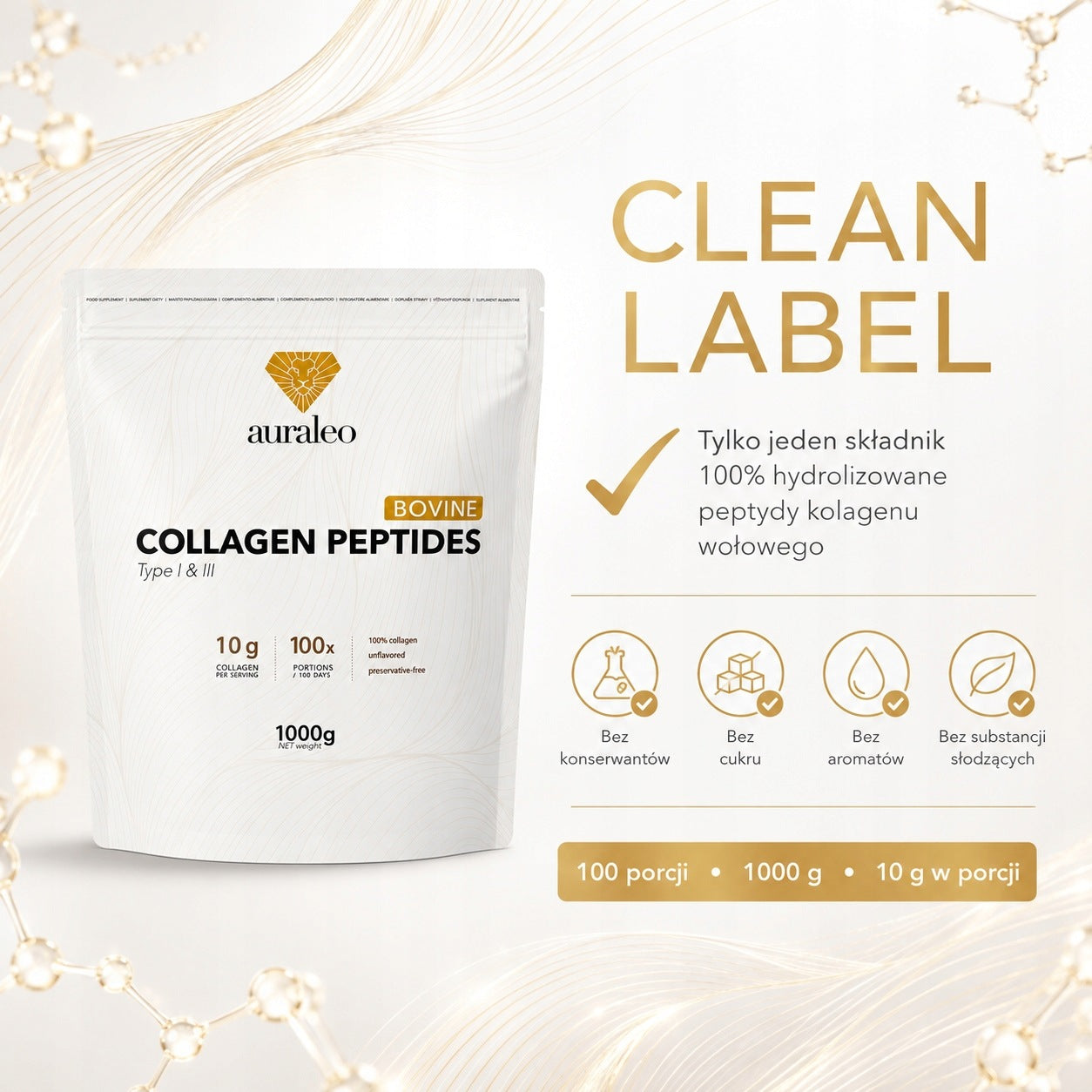 Auraleo Beef Collagen 1000 g Peptides Type I and III Clean Label 100 Servings Packaging status original