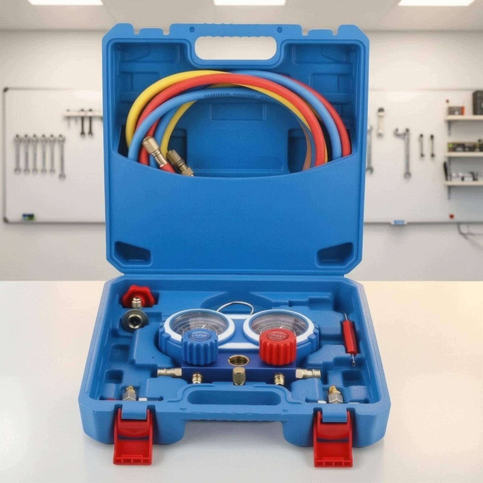 Automotive Refrigerant Gauge Twin Manifold Kit Brass Fittings and Hoses for Packaging status original