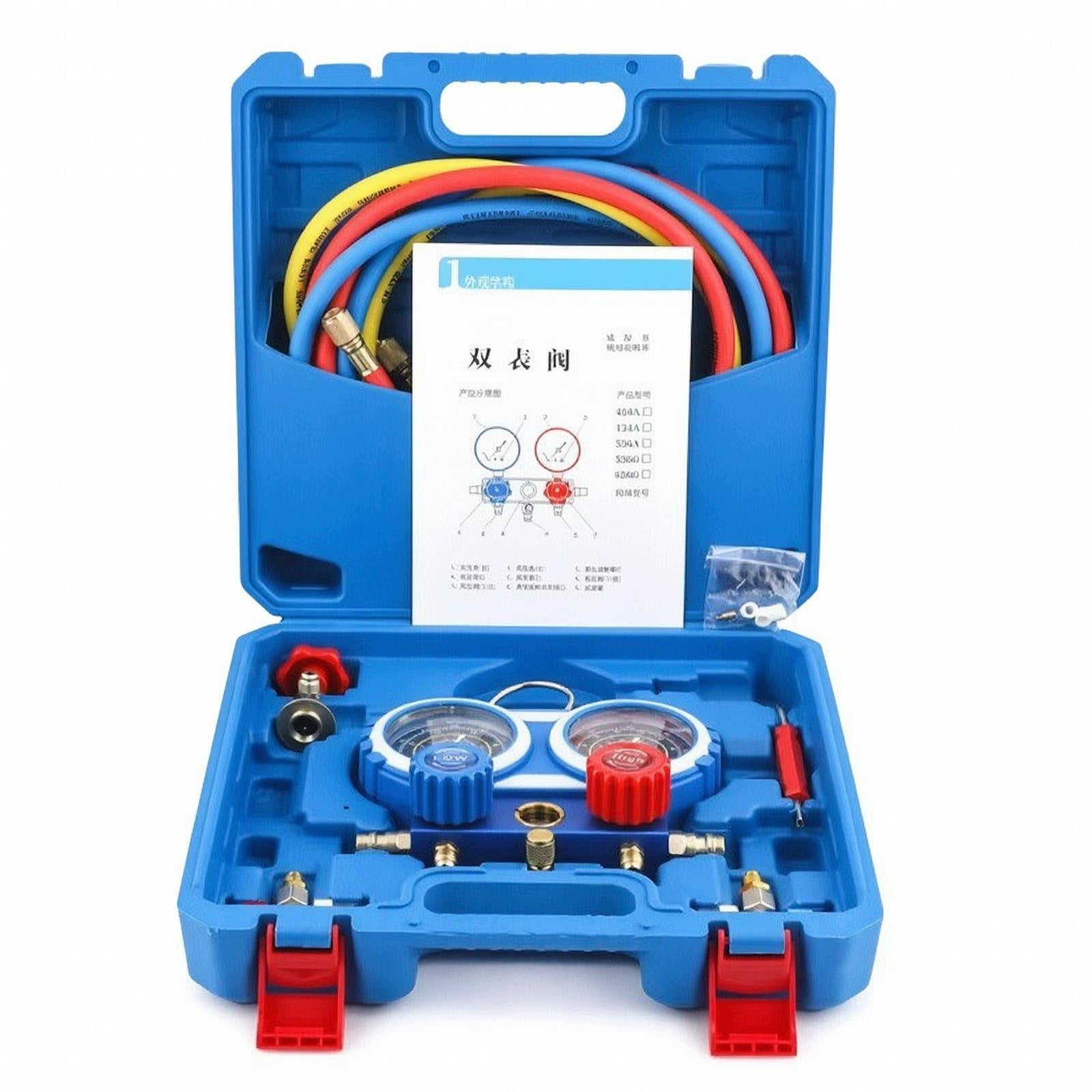 Automotive Refrigerant Gauge Twin Pressure Manifold Kit Color Coded Hoses