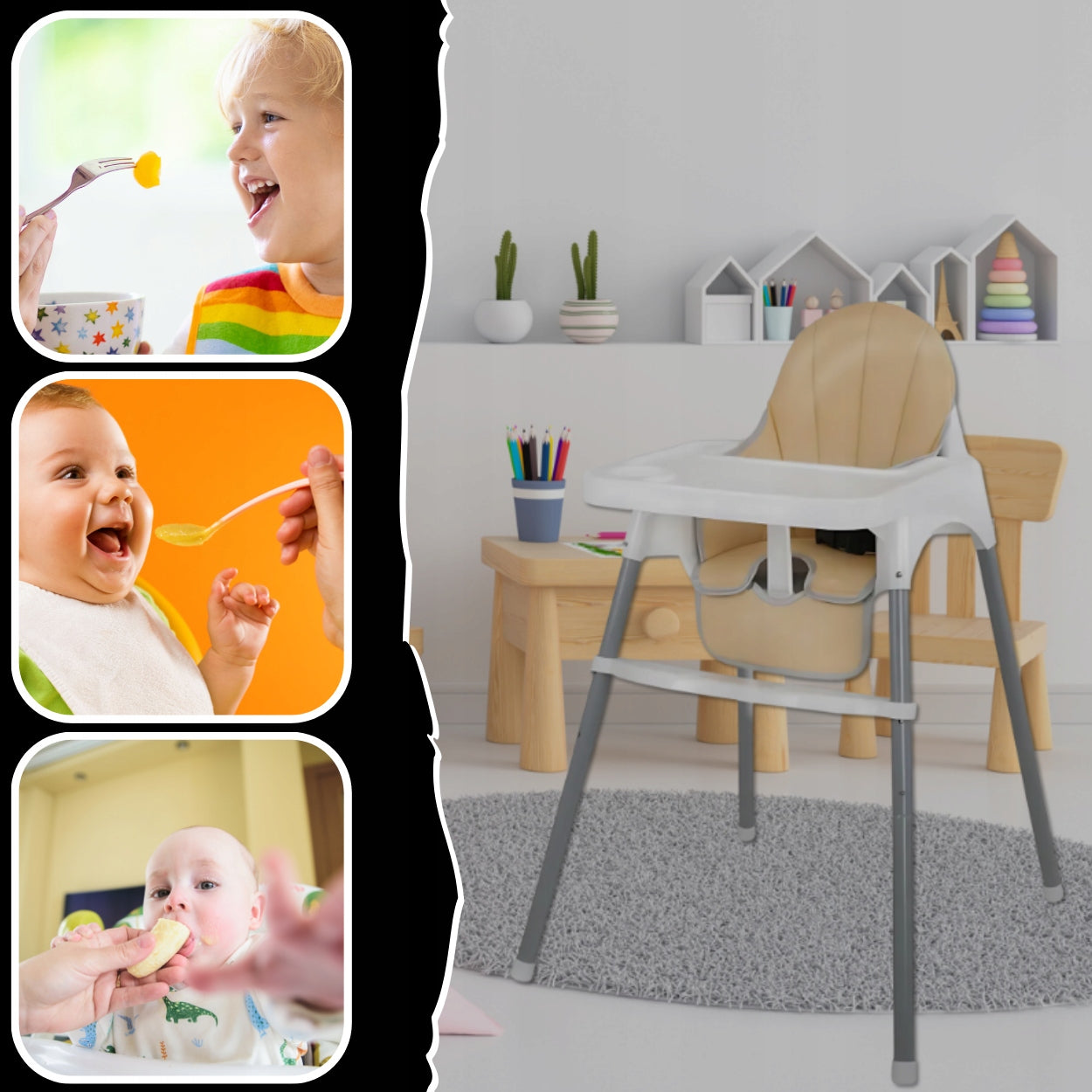 BABY FEEDING CHAIR 2-in-1 CHAIR with Tray + Straps + Footrest Color white