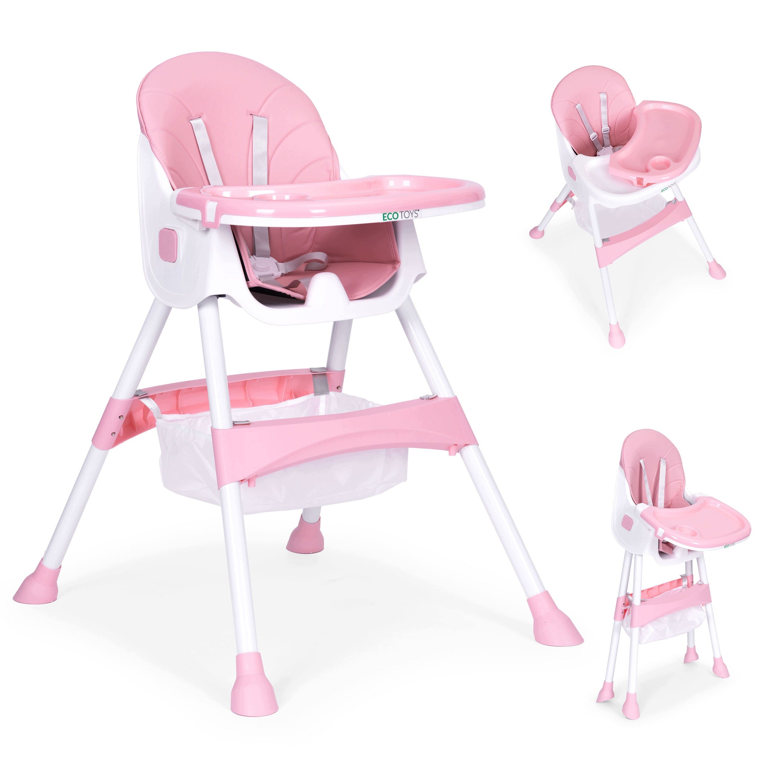 BABY HIGH CHAIR FEEDING SEAT 5-POINT STRAPS TRAY BASKET PINK