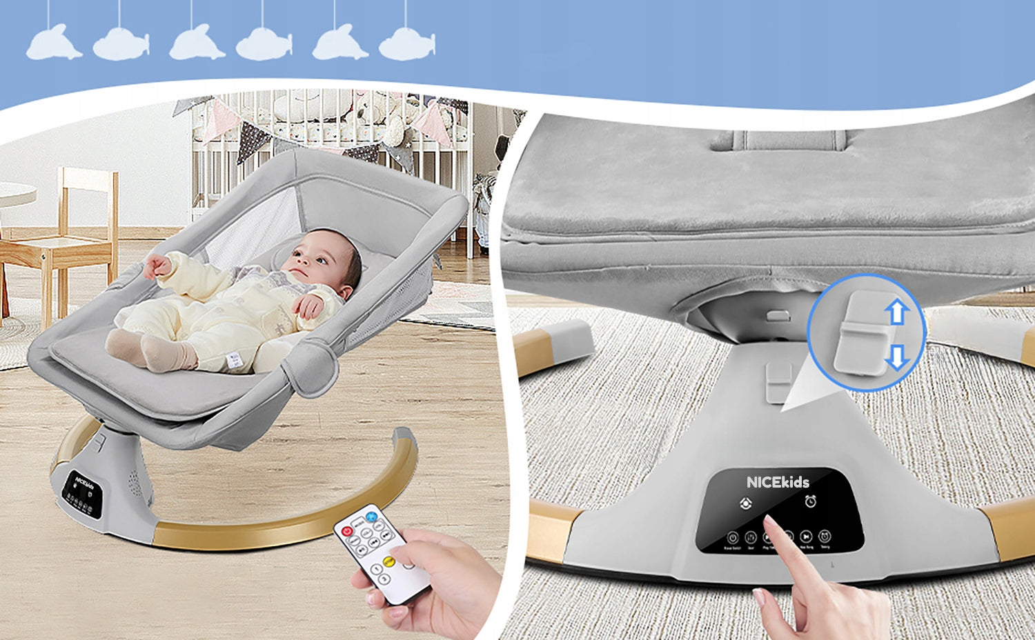 BABY LOUNGER ELECTRIC ROCKER STABLE + BLUETOOTH REMOTE CONTROL Additional features automatic rocking working time regulator removable covering