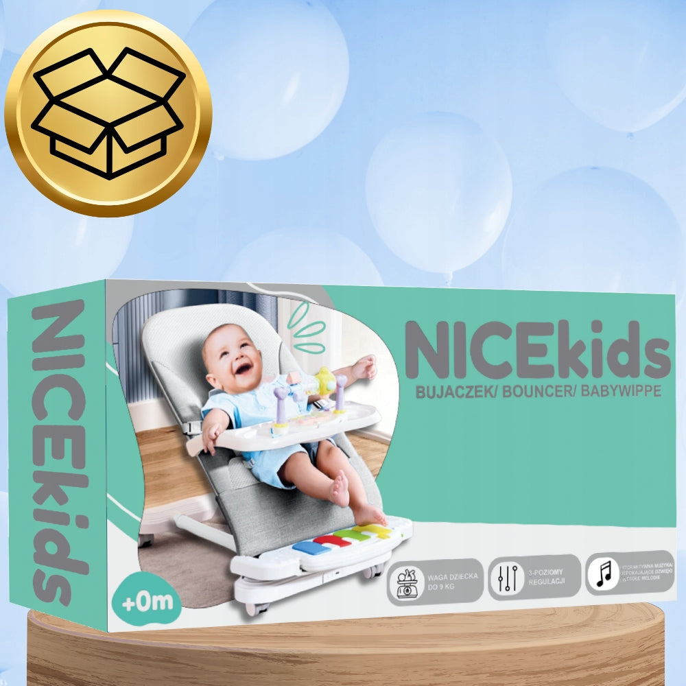 BABY LOUNGER ROCKER FOLDING NICEKIDS + PIANO TOYS EDU Manufacturer code DLA NIEMOWLĄT BUJACZEK SZARY