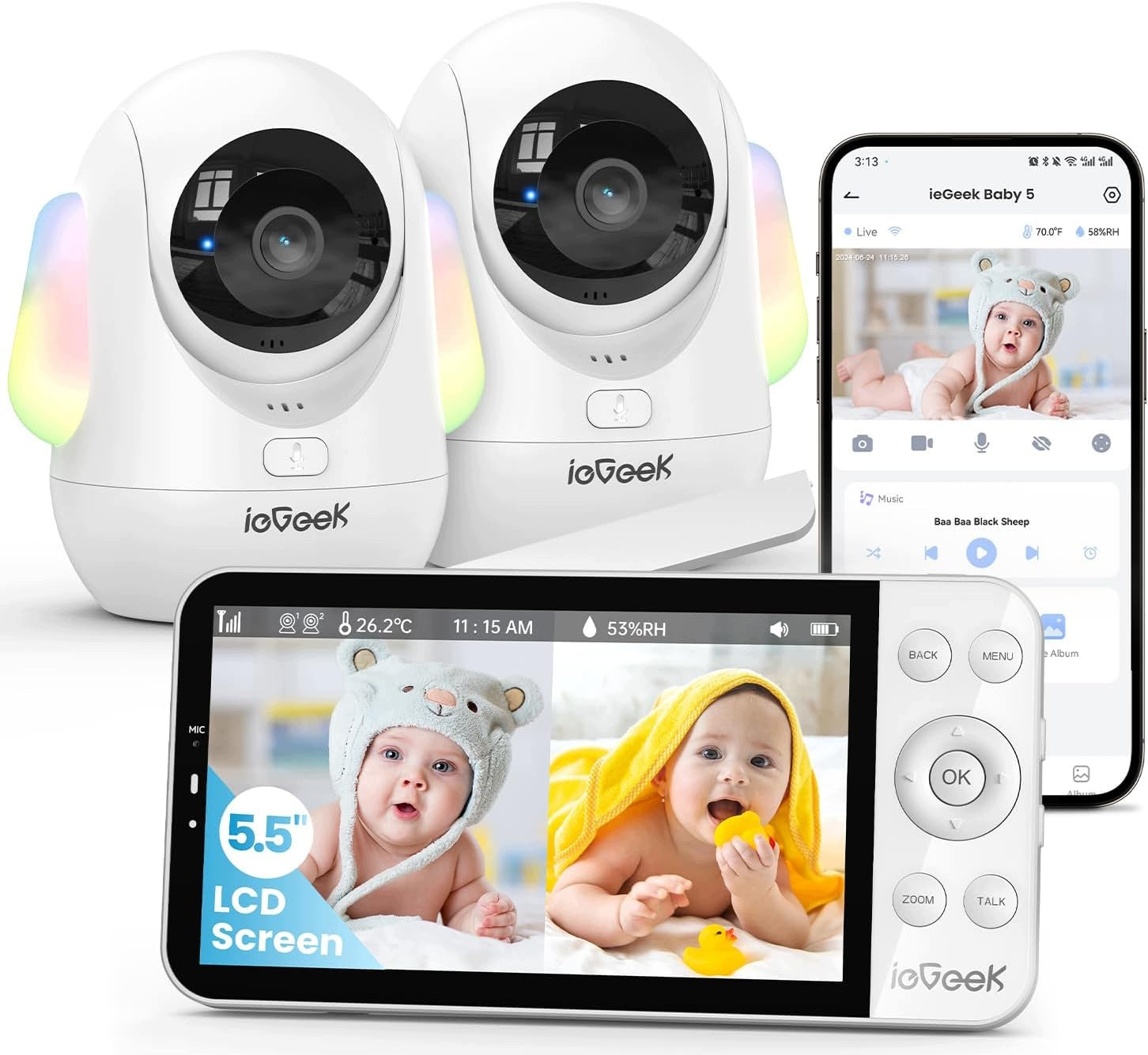 BABY MONITOR 2 CAMERAS 4MP 5,5'' LCD WIFI 2,4/5GHZ,360,4000mAh PTZ